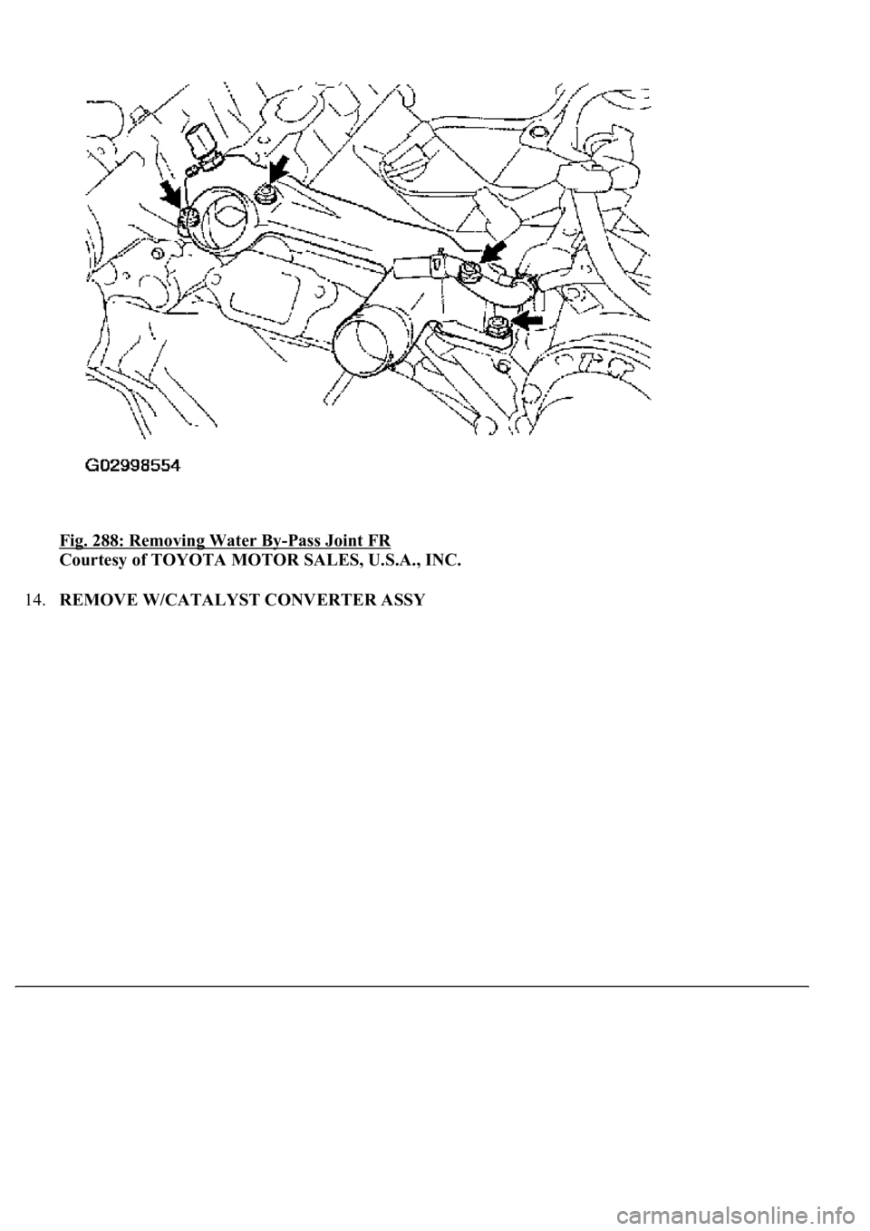 LEXUS LS430 2003  Factory Repair Manual Fig. 288: Removing Water By-Pass Joint FR 
Courtesy of TOYOTA MOTOR SALES, U.S.A., INC. 
14.REMOVE W/CATALYST CONVERTER ASSY 
