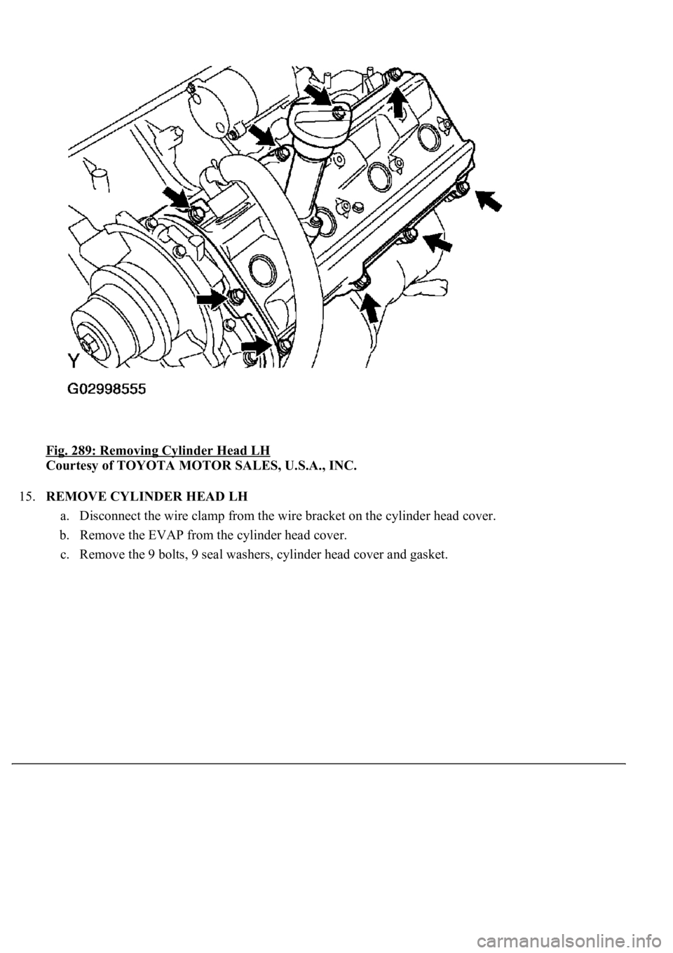 LEXUS LS430 2003  Factory Repair Manual Fig. 289: Removing Cylinder Head LH 
Courtesy of TOYOTA MOTOR SALES, U.S.A., INC. 
15.REMOVE CYLINDER HEAD LH 
a. Disconnect the wire clamp from the wire bracket on the cylinder head cover.  
b. Remov