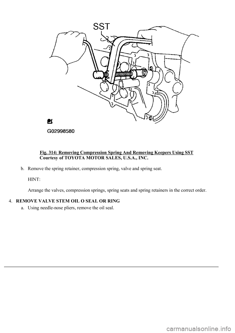LEXUS LS430 2003  Factory Repair Manual Fig. 314: Removing Compression Spring And Removing Keepers Using SST 
Courtesy of TOYOTA MOTOR SALES, U.S.A., INC. 
b. Remove the spring retainer, compression spring, valve and spring seat. 
HINT: 
Ar