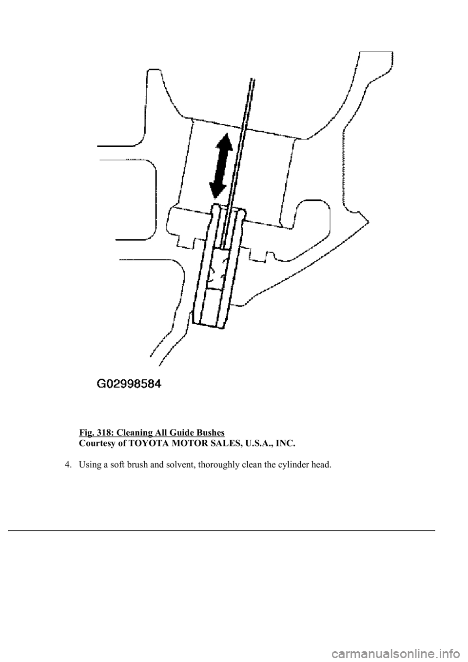 LEXUS LS430 2003  Factory Repair Manual Fig. 318: Cleaning All Guide Bushes 
Courtesy of TOYOTA MOTOR SALES, U.S.A., INC. 
4. Using a soft brush and solvent, thoroughly clean the cylinder head.  