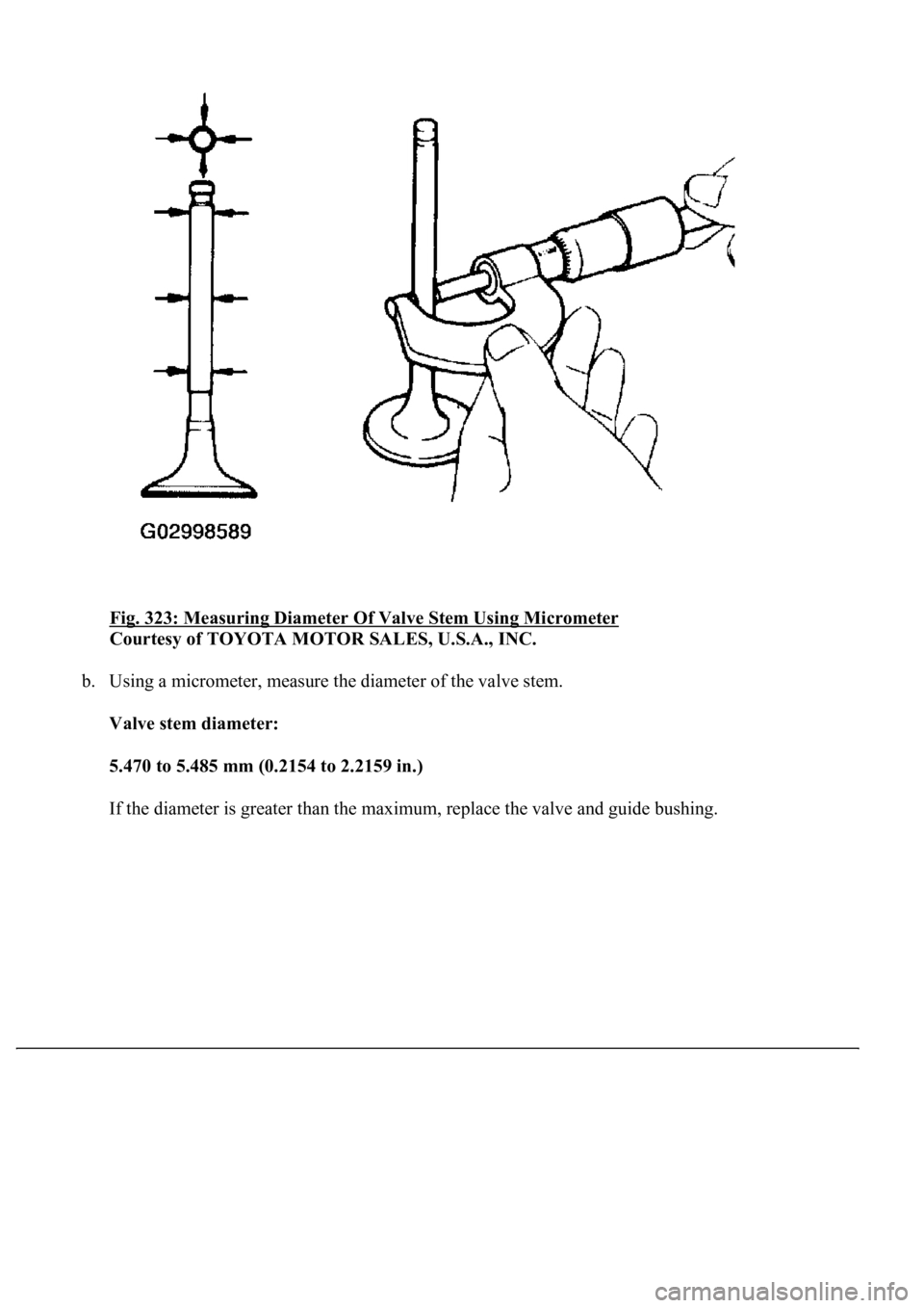 LEXUS LS430 2003  Factory Repair Manual Fig. 323: Measuring Diameter Of Valve Stem Using Micrometer 
Courtesy of TOYOTA MOTOR SALES, U.S.A., INC. 
b. Using a micrometer, measure the diameter of the valve stem. 
Valve stem diameter:  
5.470 