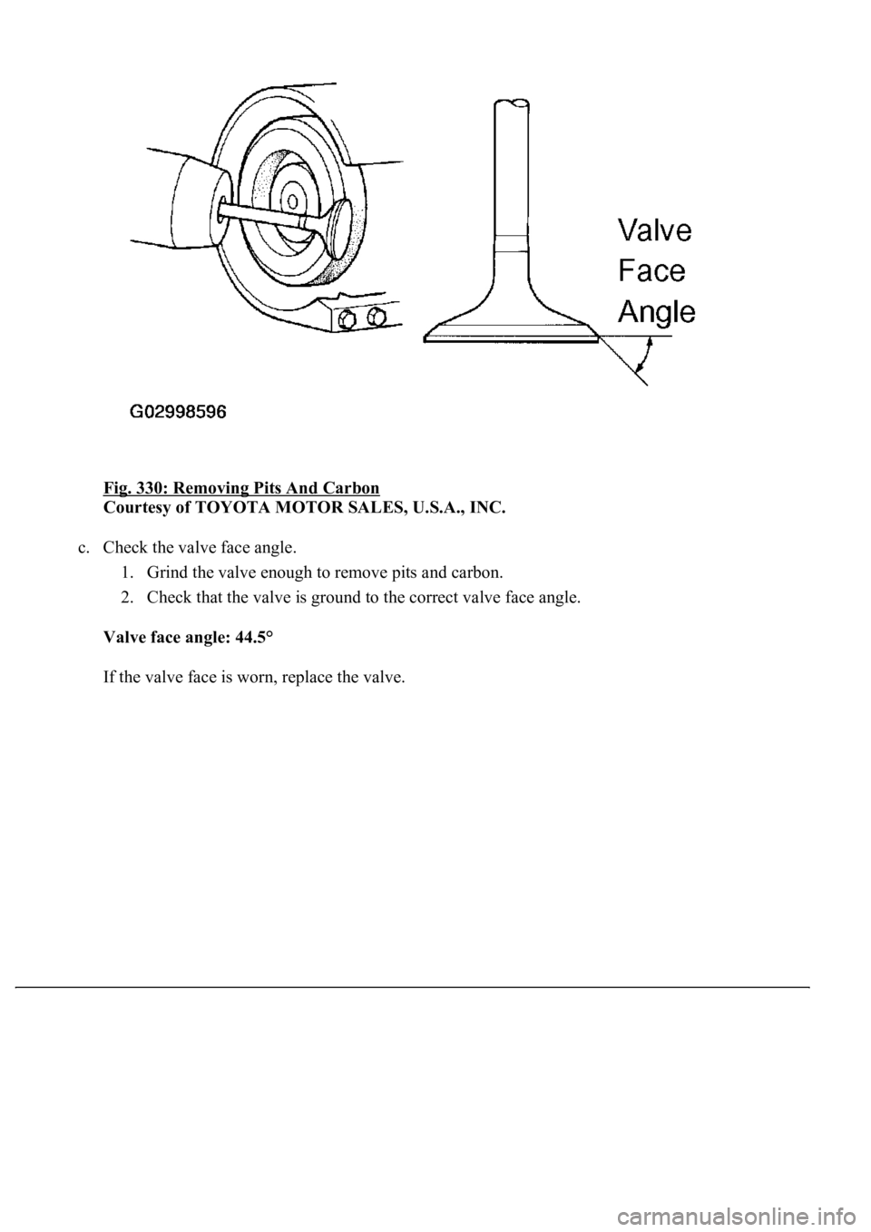 LEXUS LS430 2003  Factory Repair Manual Fig. 330: Removing Pits And Carbon 
Courtesy of TOYOTA MOTOR SALES, U.S.A., INC. 
c. Check the valve face angle. 
1. Grind the valve enough to remove pits and carbon.  
2. Check that the valve is grou