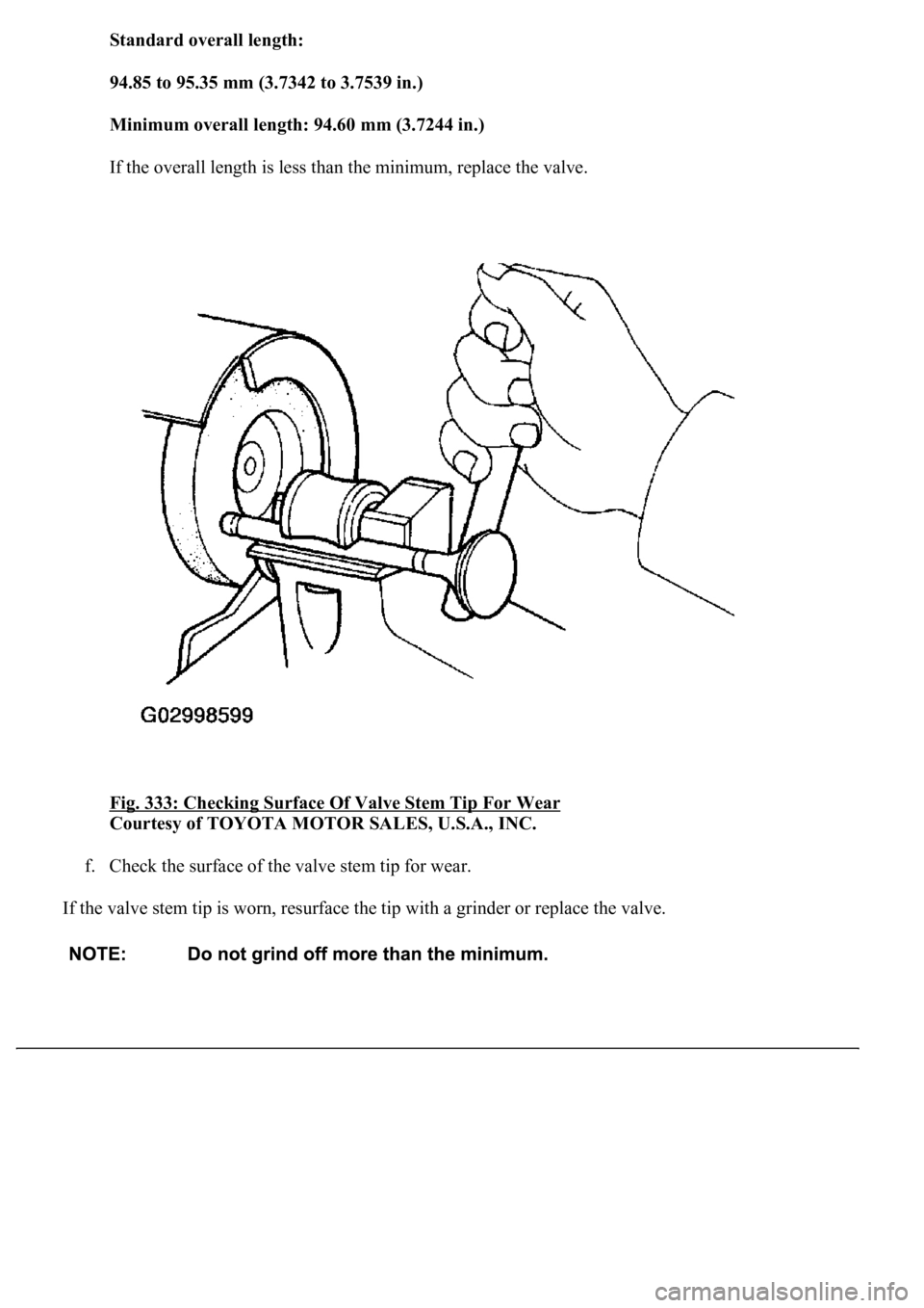 LEXUS LS430 2003  Factory Repair Manual Standard overall length:  
94.85 to 95.35 mm (3.7342 to 3.7539 in.)  
Minimum overall length: 94.60 mm (3.7244 in.)  
If the overall length is less than the minimum, replace the valve. 
Fig. 333: Chec