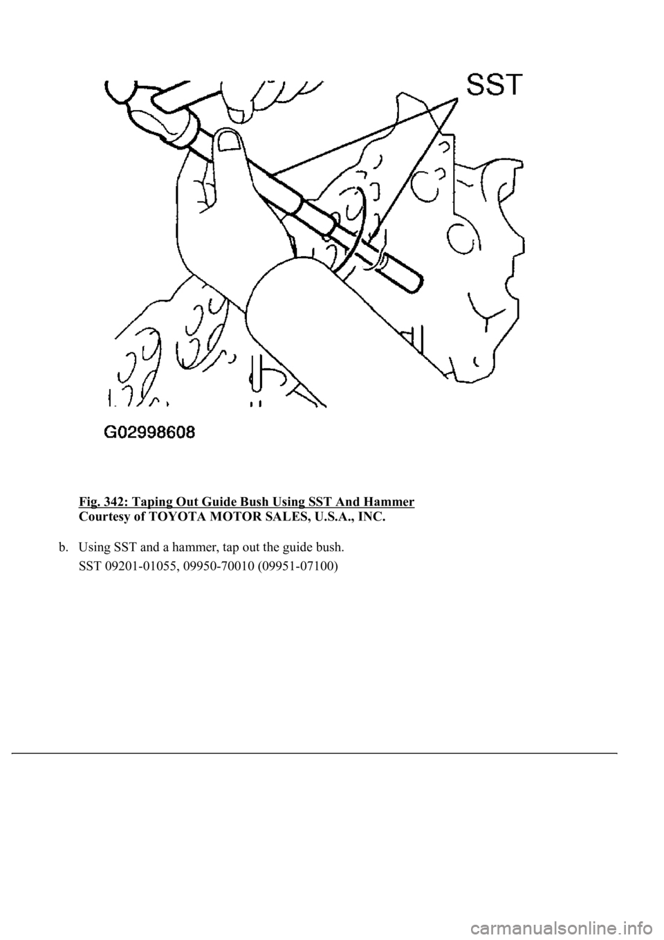 LEXUS LS430 2003  Factory Repair Manual Fig. 342: Taping Out Guide Bush Using SST And Hammer 
Courtesy of TOYOTA MOTOR SALES, U.S.A., INC. 
b. Using SST and a hammer, tap out the guide bush.  
SST 09201-01055, 09950-70010 (09951-07100)  