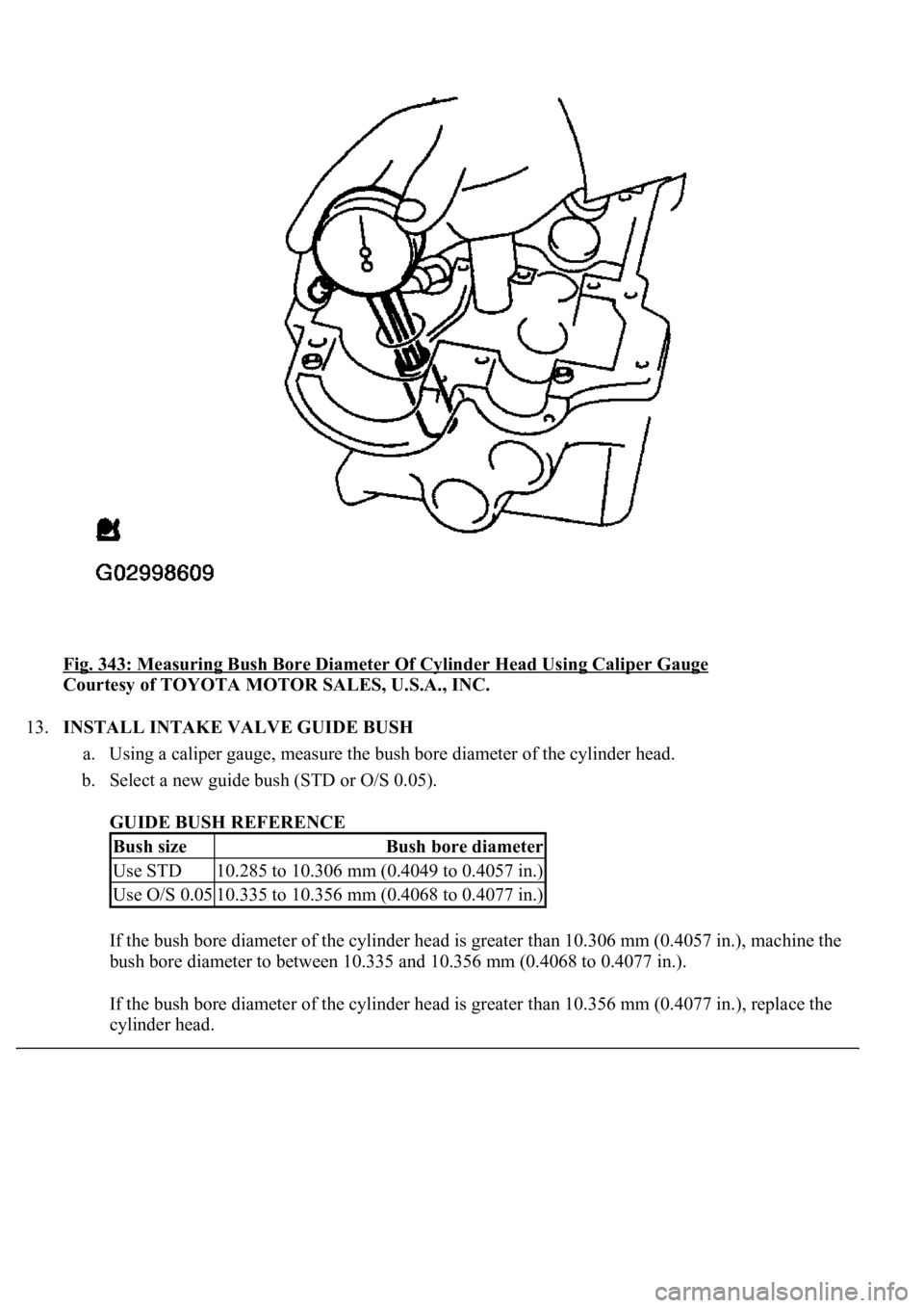 LEXUS LS430 2003  Factory Repair Manual Fig. 343: Measuring Bush Bore Diameter Of Cylinder Head Using Caliper Gauge 
Courtesy of TOYOTA MOTOR SALES, U.S.A., INC. 
13.INSTALL INTAKE VALVE GUIDE BUSH 
a. Using a caliper gauge, measure the bus