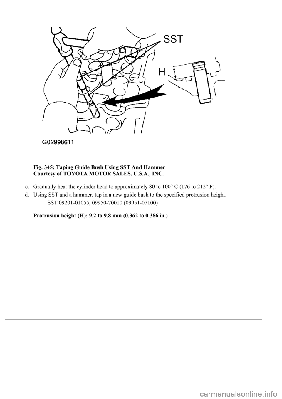 LEXUS LS430 2003  Factory Repair Manual Fig. 345: Taping Guide Bush Using SST And Hammer 
Courtesy of TOYOTA MOTOR SALES, U.S.A., INC. 
c. Gradually heat the cylinder head to approximately 80 to 100° C (176 to 212° F).  
d. Using SST and 