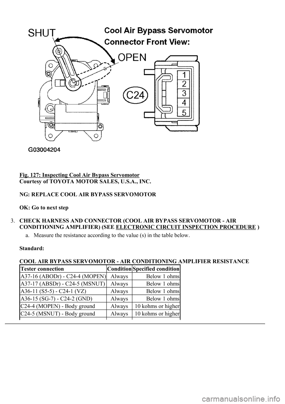 LEXUS LS430 2003  Factory Repair Manual Fig. 127: Inspecting Cool Air Bypass Servomotor 
Courtesy of TOYOTA MOTOR SALES, U.S.A., INC. 
NG: REPLACE COOL AIR BYPASS SERVOMOTOR  
OK: Go to next step  
3.CHECK HARNESS AND CONNECTOR (COOL AIR BY