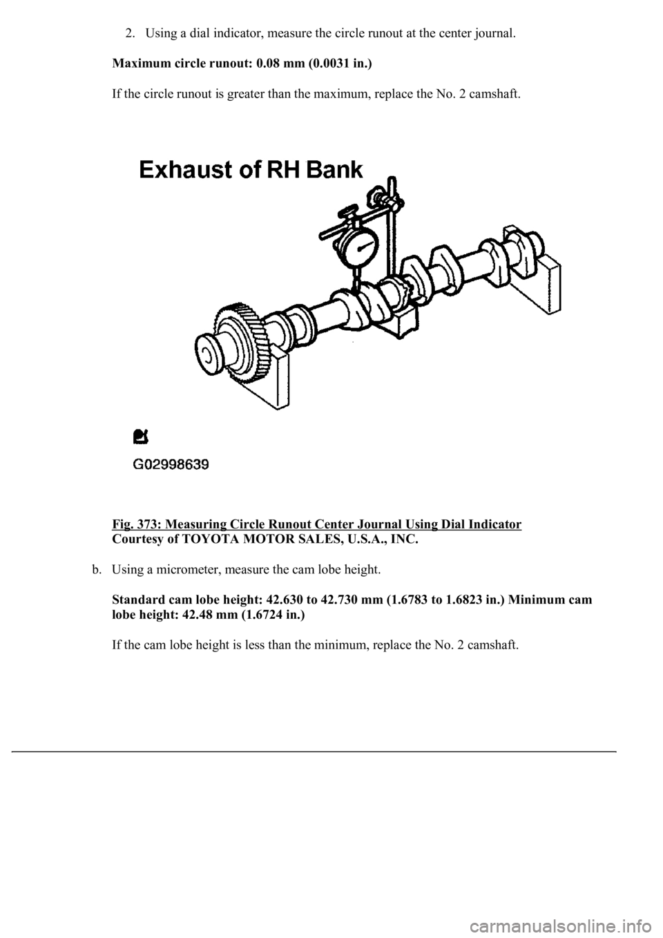 LEXUS LS430 2003  Factory Repair Manual 2. Using a dial indicator, measure the circle runout at the center journal.  
Maximum circle runout: 0.08 mm (0.0031 in.)  
If the circle runout is greater than the maximum, replace the No. 2 camshaft