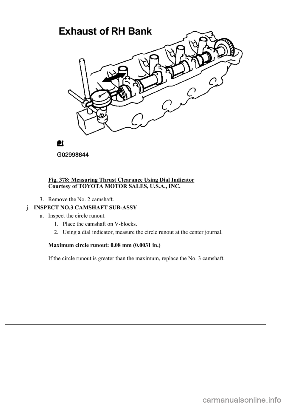 LEXUS LS430 2003  Factory Repair Manual Fig. 378: Measuring Thrust Clearance Using Dial Indicator 
Courtesy of TOYOTA MOTOR SALES, U.S.A., INC. 
3. Remove the No. 2 camshaft.  
j.INSPECT NO.3 CAMSHAFT SUB-ASSY 
a. Inspect the circle runout.