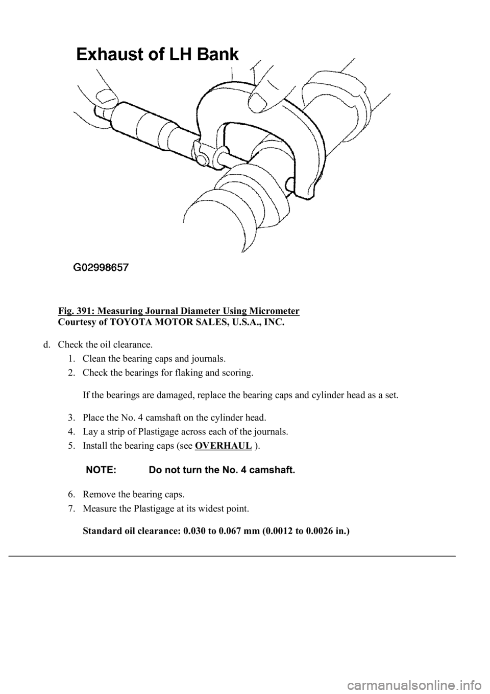 LEXUS LS430 2003  Factory Repair Manual Fig. 391: Measuring Journal Diameter Using Micrometer 
Courtesy of TOYOTA MOTOR SALES, U.S.A., INC. 
d. Check the oil clearance. 
1. Clean the bearing caps and journals.  
2. Check the bearings for fl