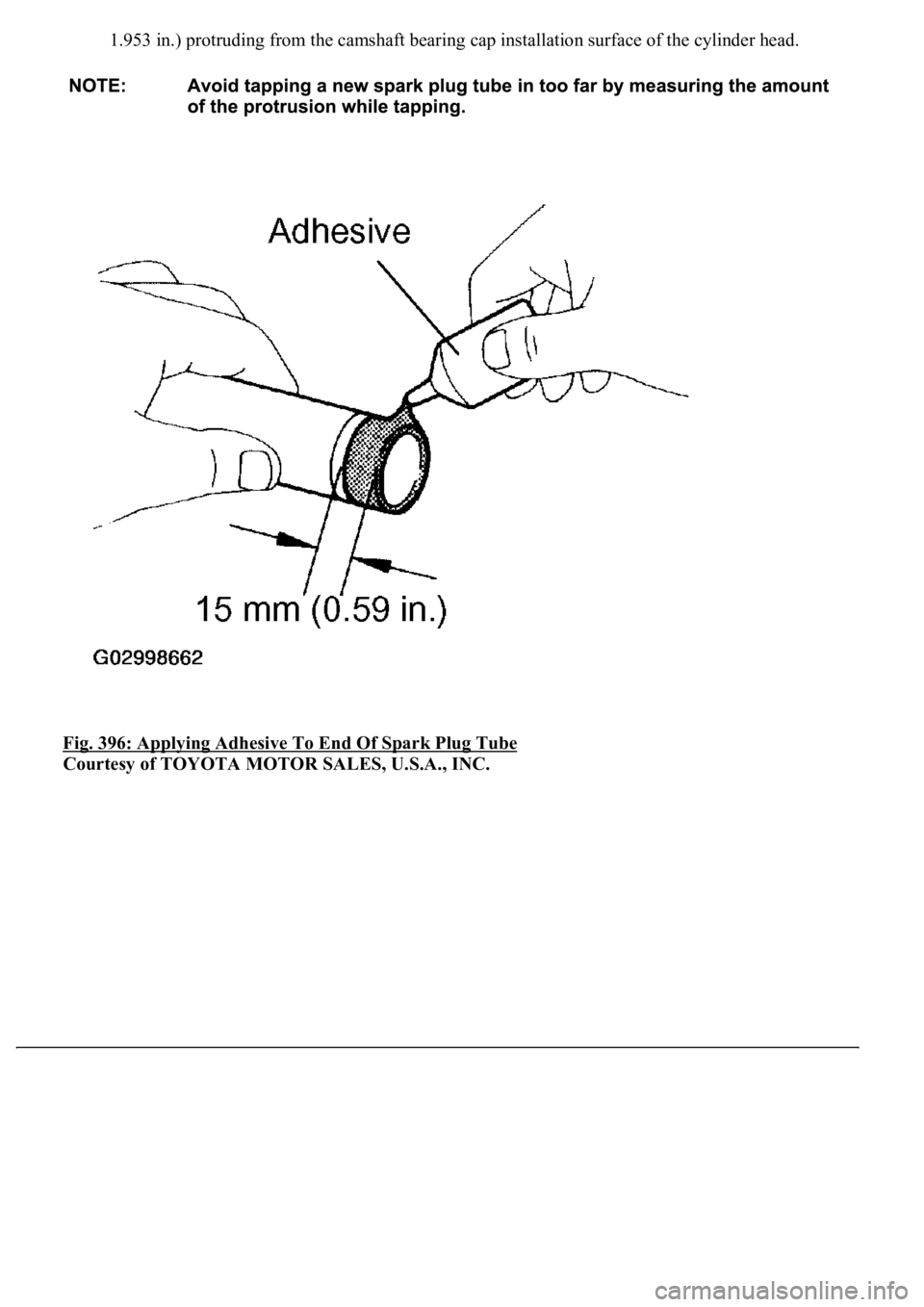 LEXUS LS430 2003  Factory Repair Manual 1.953 in.) protruding from the camshaft bearing cap installation surface of the cylinder head. 
Fig. 396: Applying Adhesive To End Of Spark Plug Tube
 
Courtesy of TOYOTA MOTOR SALES, U.S.A., INC. 
