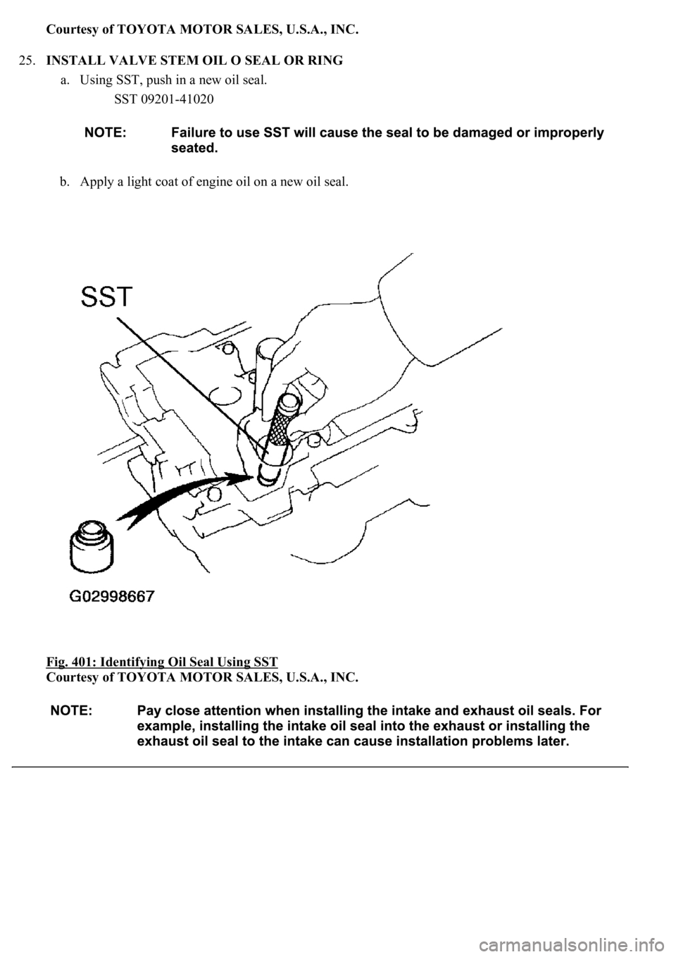 LEXUS LS430 2003  Factory Repair Manual Courtesy of TOYOTA MOTOR SALES, U.S.A., INC.
25.INSTALL VALVE STEM OIL O SEAL OR RING 
a. Using SST, push in a new oil seal. 
SST 09201-41020  
b. Apply a light coat of engine oil on a new oil seal.  