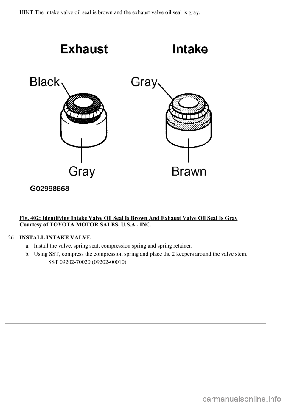 LEXUS LS430 2003  Factory Repair Manual HINT:The intake valve oil seal is brown and the exhaust valve oil seal is gray. 
Fig. 402: Identifying Intake Valve Oil Seal Is Brown And Exhaust Valve Oil Seal Is Gray
 
Courtesy of TOYOTA MOTOR SALE