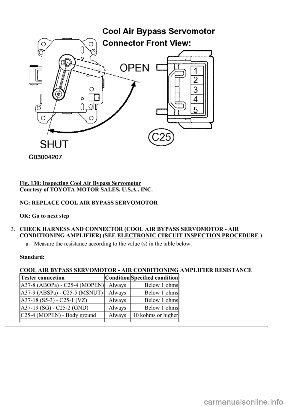 LEXUS LS430 2003  Factory Repair Manual Fig. 130: Inspecting Cool Air Bypass Servomotor 
Courtesy of TOYOTA MOTOR SALES, U.S.A., INC. 
NG: REPLACE COOL AIR BYPASS SERVOMOTOR  
OK: Go to next step  
3.CHECK HARNESS AND CONNECTOR (COOL AIR BY