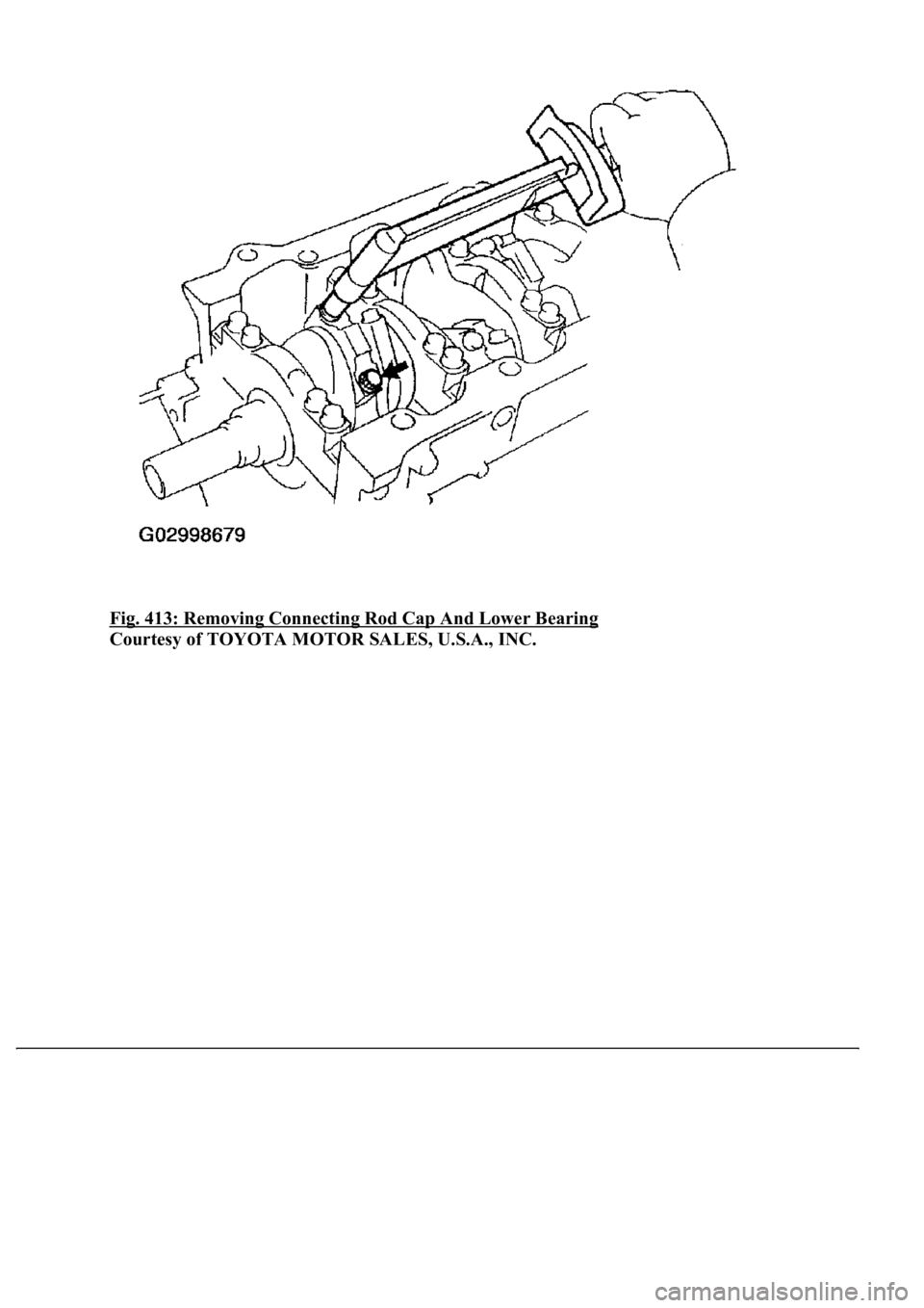 LEXUS LS430 2003  Factory Repair Manual Fig. 413: Removing Connecting Rod Cap And Lower Bearing 
Courtesy of TOYOTA MOTOR SALES, U.S.A., INC. 