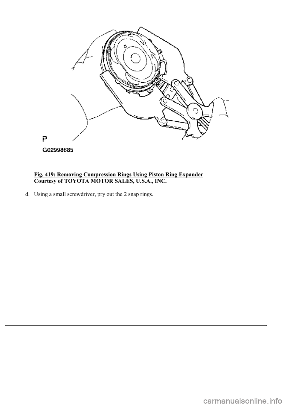 LEXUS LS430 2003  Factory Repair Manual Fig. 419: Removing Compression Rings Using Piston Ring Expander 
Courtesy of TOYOTA MOTOR SALES, U.S.A., INC. 
d. Usin
g a small screwdriver, pry out the 2 snap rings.  