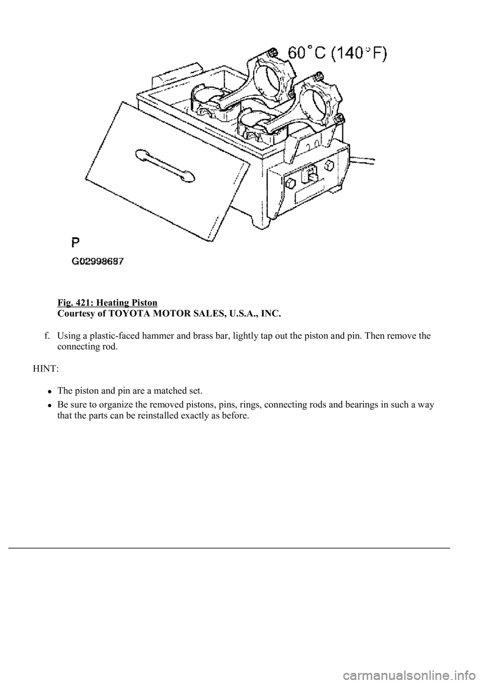 LEXUS LS430 2003  Factory Repair Manual Fig. 421: Heating Piston 
Courtesy of TOYOTA MOTOR SALES, U.S.A., INC. 
f. Using a plastic-faced hammer and brass bar, lightly tap out the piston and pin. Then remove the 
connecting rod.  
HINT: 
The