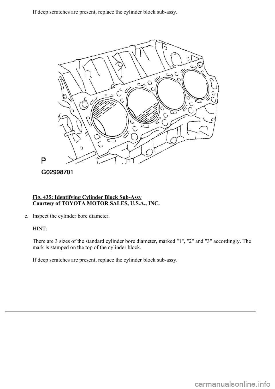 LEXUS LS430 2003  Factory Repair Manual If deep scratches are present, replace the cylinder block sub-assy.
Fig. 435: Identifying Cylinder Block Sub
-Assy 
Courtesy of TOYOTA MOTOR SALES, U.S.A., INC. 
e. Inspect the cylinder bore diameter.