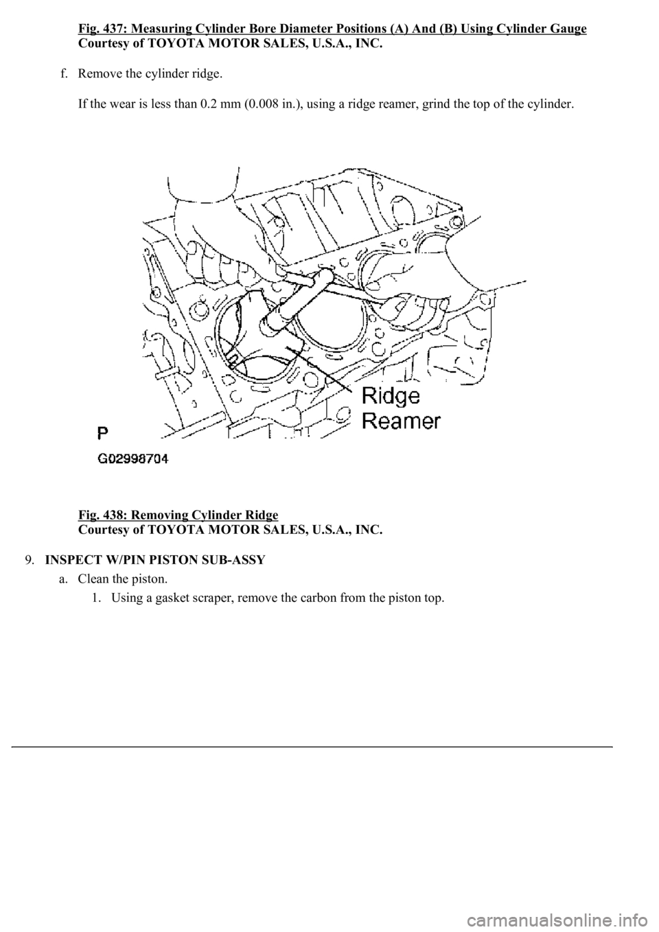 LEXUS LS430 2003  Factory Repair Manual Fig. 437: Measuring Cylinder Bore Diameter Positions (A) And (B) Using Cylinder Gauge
Courtesy of TOYOTA MOTOR SALES, U.S.A., INC. 
f. Remove the cylinder ridge. 
If the wear is less than 0.2 mm (0.00