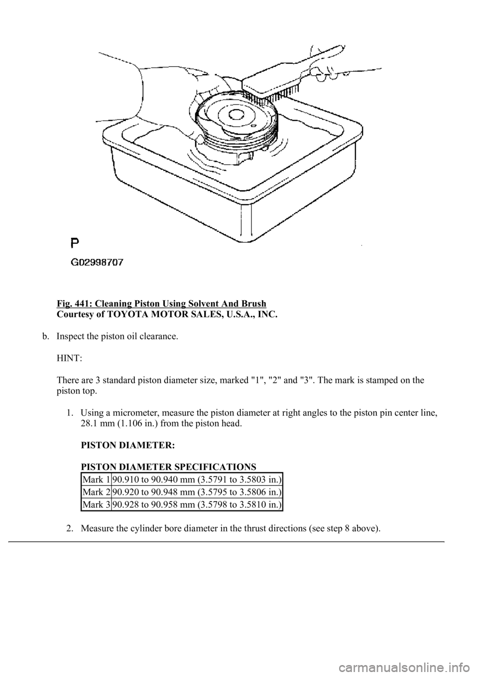 LEXUS LS430 2003  Factory Repair Manual Fig. 441: Cleaning Piston Using Solvent And Brush 
Courtesy of TOYOTA MOTOR SALES, U.S.A., INC. 
b. Inspect the piston oil clearance. 
HINT: 
There are 3 standard piston diameter size, marked "1&#
