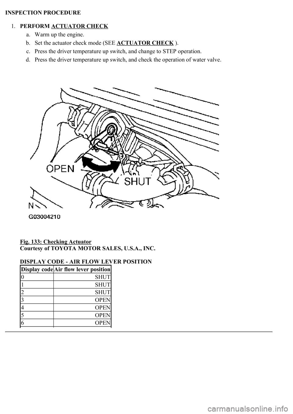 LEXUS LS430 2003  Factory Repair Manual INSPECTION PROCEDURE 
1.PERFORM ACTUATOR CHECK
 
a. Warm up the engine.  
b. Set the actuator check mode (SEE ACTUATOR CHECK
 ).  
c. Press the driver temperature up switch, and change to STEP operati