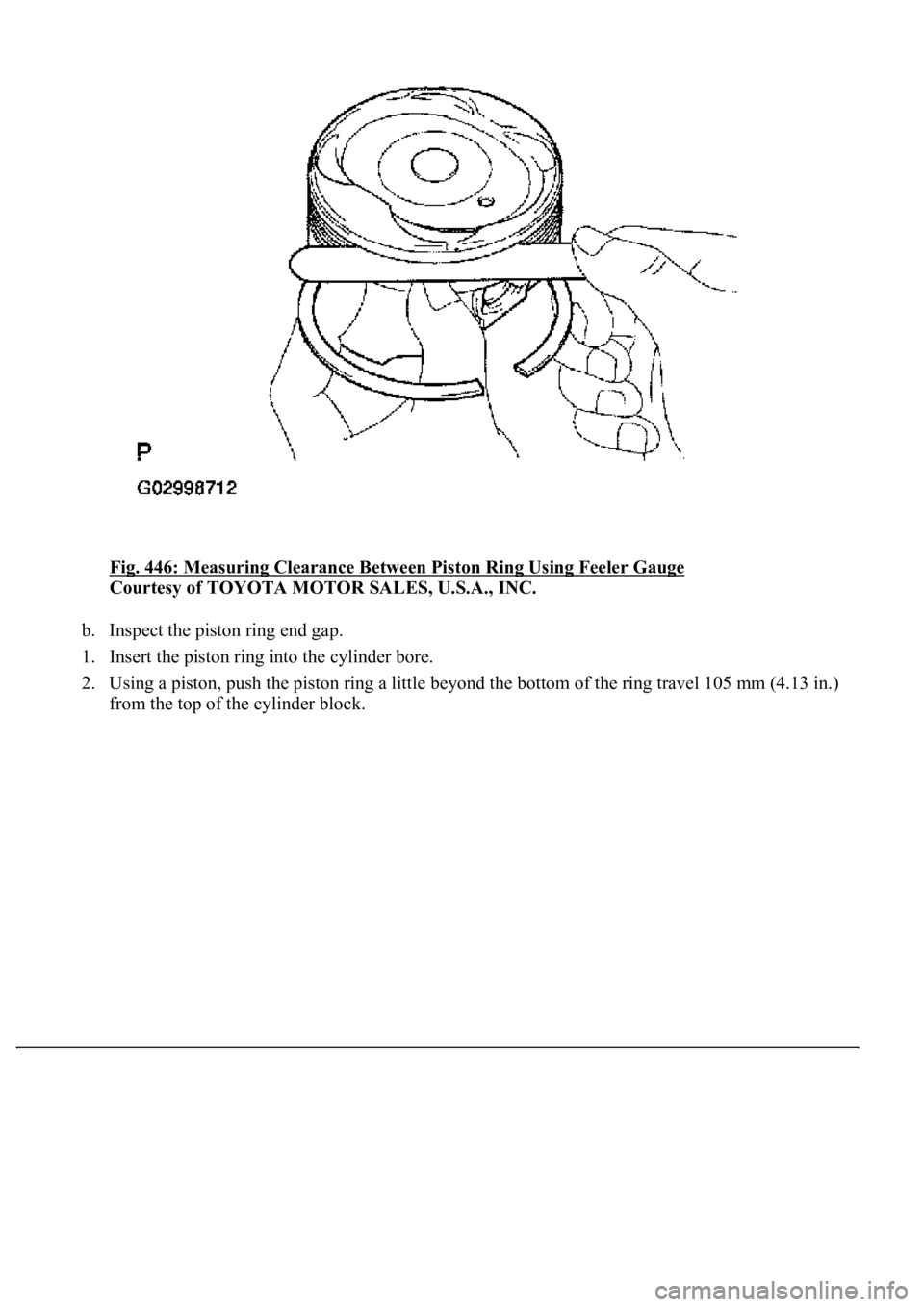 LEXUS LS430 2003  Factory Repair Manual Fig. 446: Measuring Clearance Between Piston Ring Using Feeler Gauge 
Courtesy of TOYOTA MOTOR SALES, U.S.A., INC. 
b. Inspect the piston ring end gap.  
1. Insert the piston ring into the cylinder bo