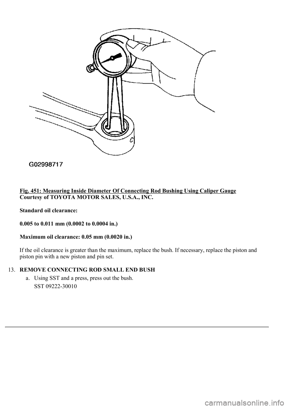 LEXUS LS430 2003  Factory Repair Manual Fig. 451: Measuring Inside Diameter Of Connecting Rod Bushing Using Caliper Gauge 
Courtesy of TOYOTA MOTOR SALES, U.S.A., INC. 
Standard oil clearance:  
0.005 to 0.011 mm (0.0002 to 0.0004 in.)  
Ma