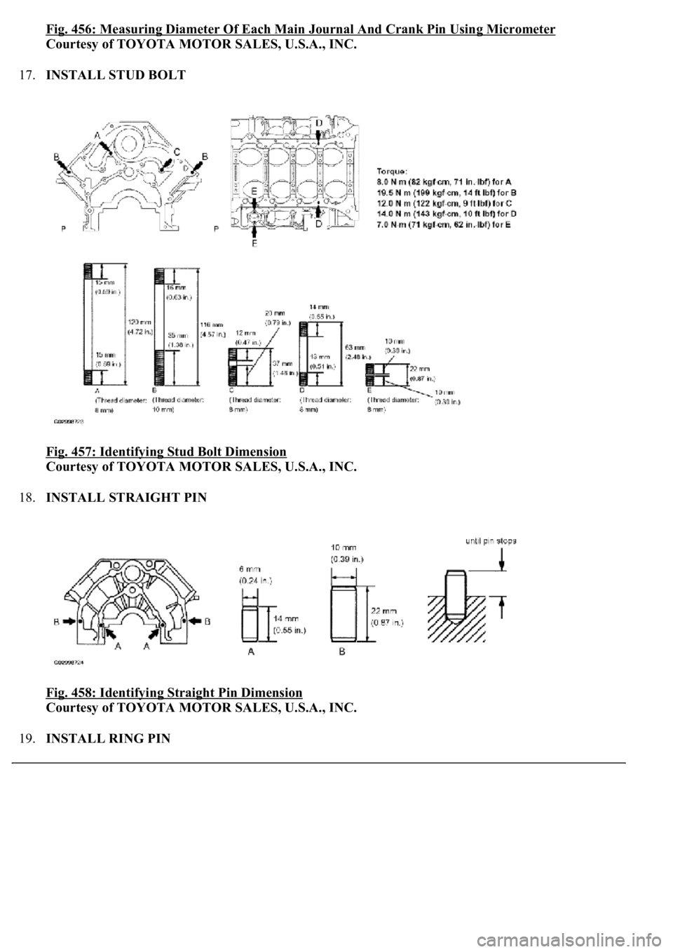 LEXUS LS430 2003  Factory Repair Manual Fig. 456: Measuring Diameter Of Each Main Journal And Crank Pin Using Micrometer
Courtesy of TOYOTA MOTOR SALES, U.S.A., INC. 
17.INSTALL STUD BOLT 
Fig. 457: Identifying Stud Bolt Dimension
 
Courtes