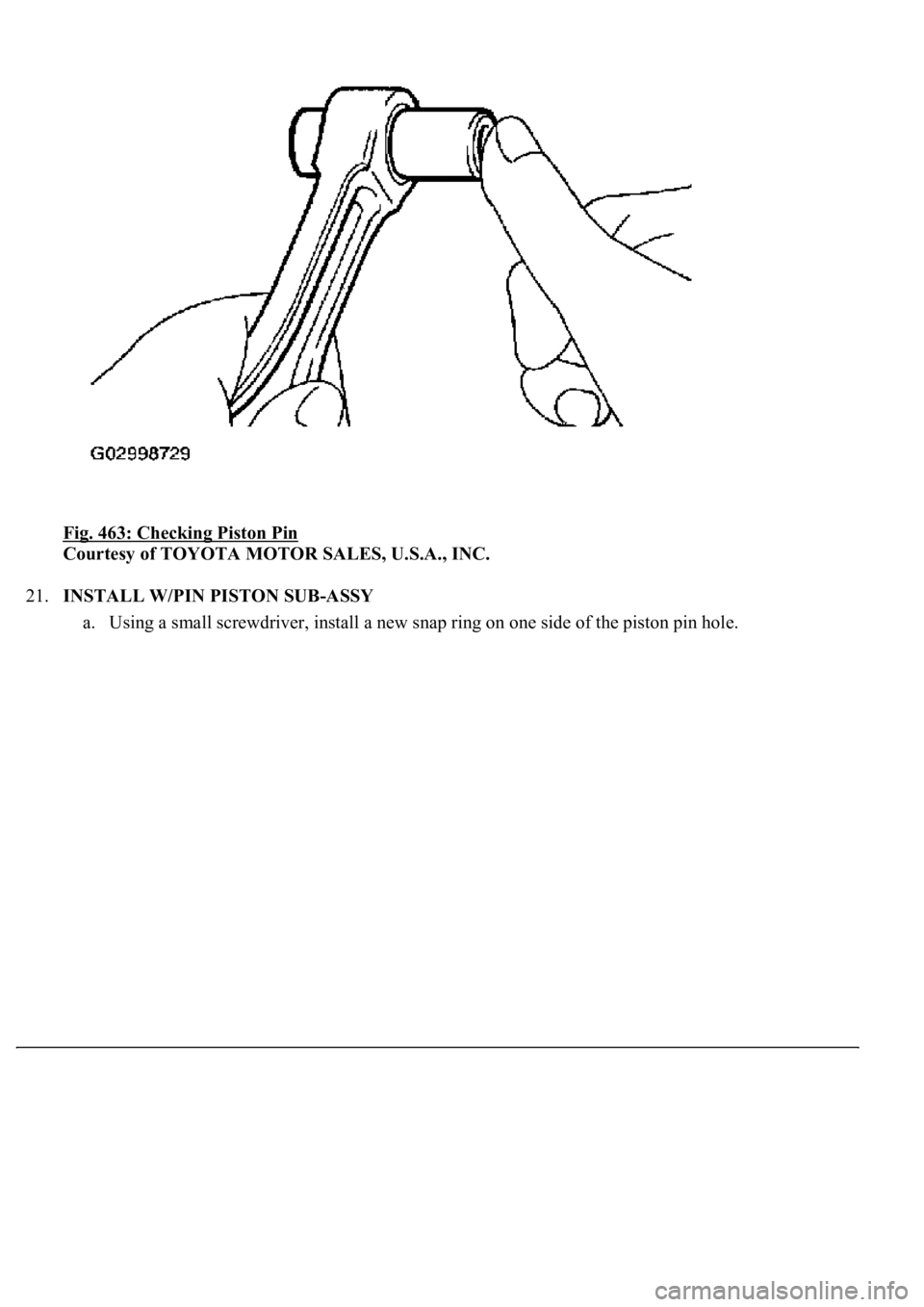LEXUS LS430 2003  Factory Repair Manual Fig. 463: Checking Piston Pin 
Courtesy of TOYOTA MOTOR SALES, U.S.A., INC. 
21.INSTALL W/PIN PISTON SUB-ASSY 
a. Using a small screwdriver, install a new snap ring on one side of the piston pin hole.