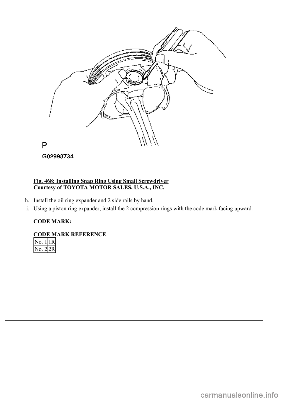 LEXUS LS430 2003  Factory Repair Manual Fig. 468: Installing Snap Ring Using Small Screwdriver 
Courtesy of TOYOTA MOTOR SALES, U.S.A., INC. 
h. Install the oil ring expander and 2 side rails by hand.  
i. Using a piston ring expander, inst