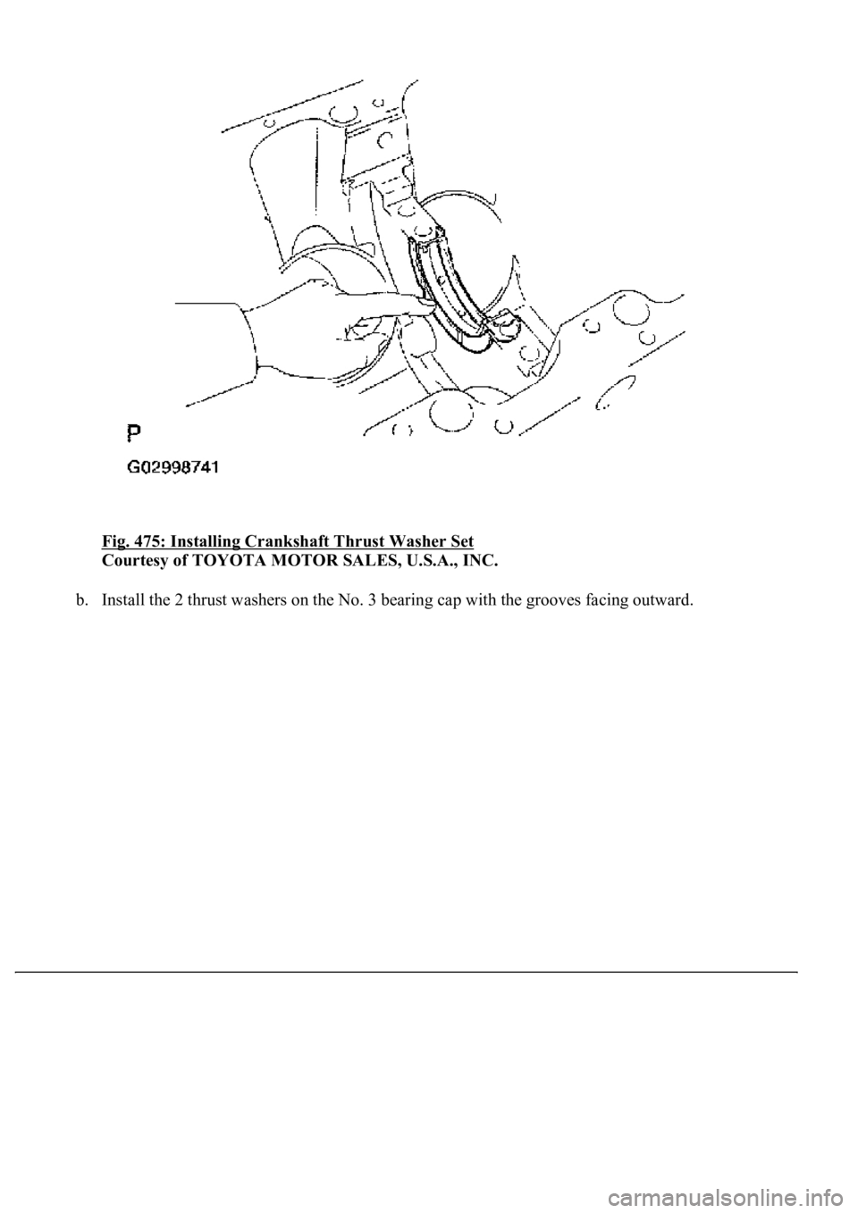 LEXUS LS430 2003  Factory Repair Manual Fig. 475: Installing Crankshaft Thrust Washer Set 
Courtesy of TOYOTA MOTOR SALES, U.S.A., INC. 
b. Install the 2 thrust washers on the No. 3 bearing cap with the grooves facing outward.  