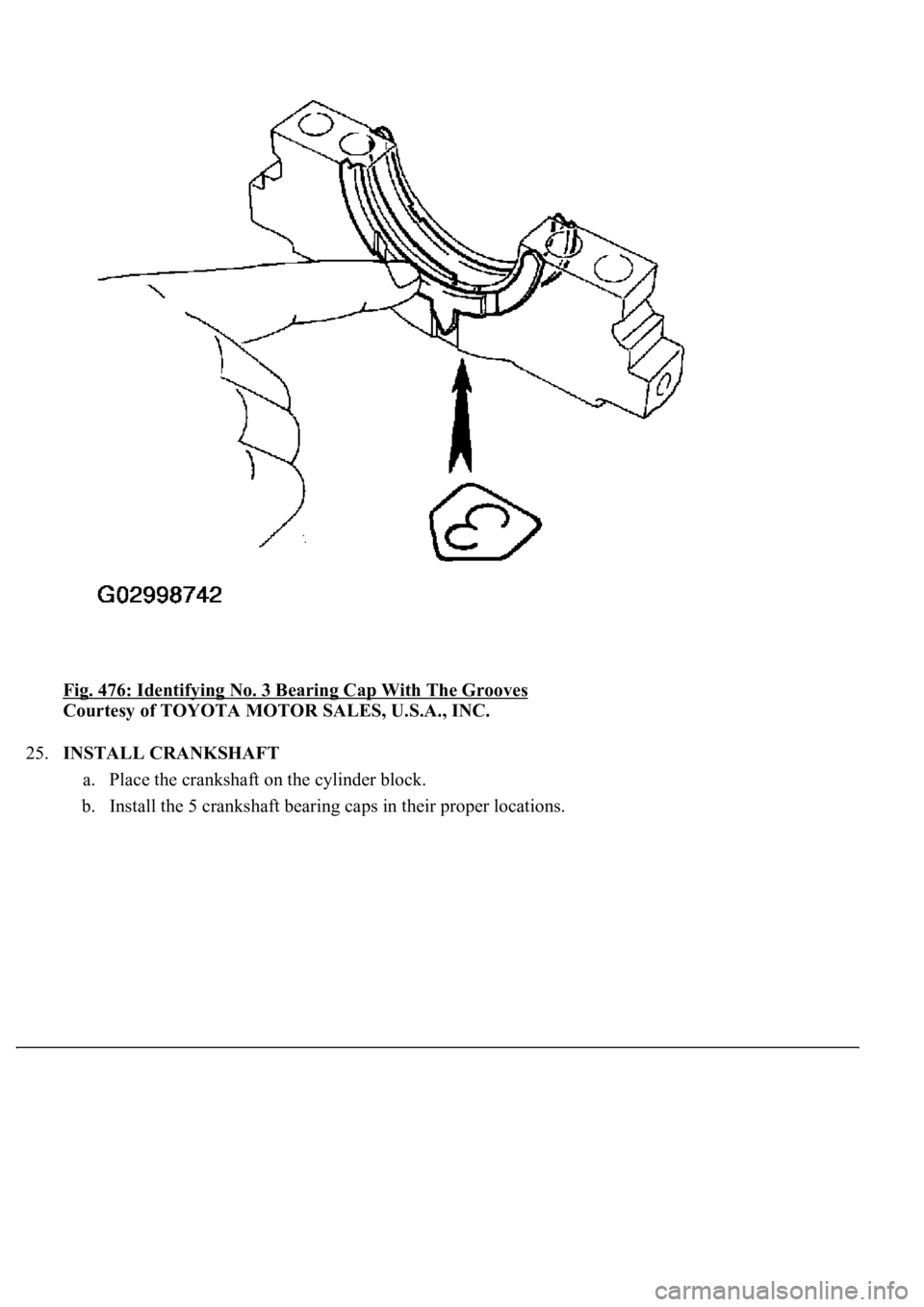 LEXUS LS430 2003  Factory Repair Manual Fig. 476: Identifying No. 3 Bearing Cap With The Grooves 
Courtesy of TOYOTA MOTOR SALES, U.S.A., INC. 
25.INSTALL CRANKSHAFT 
a. Place the crankshaft on the cylinder block.  
b. Install the 5 cranksh