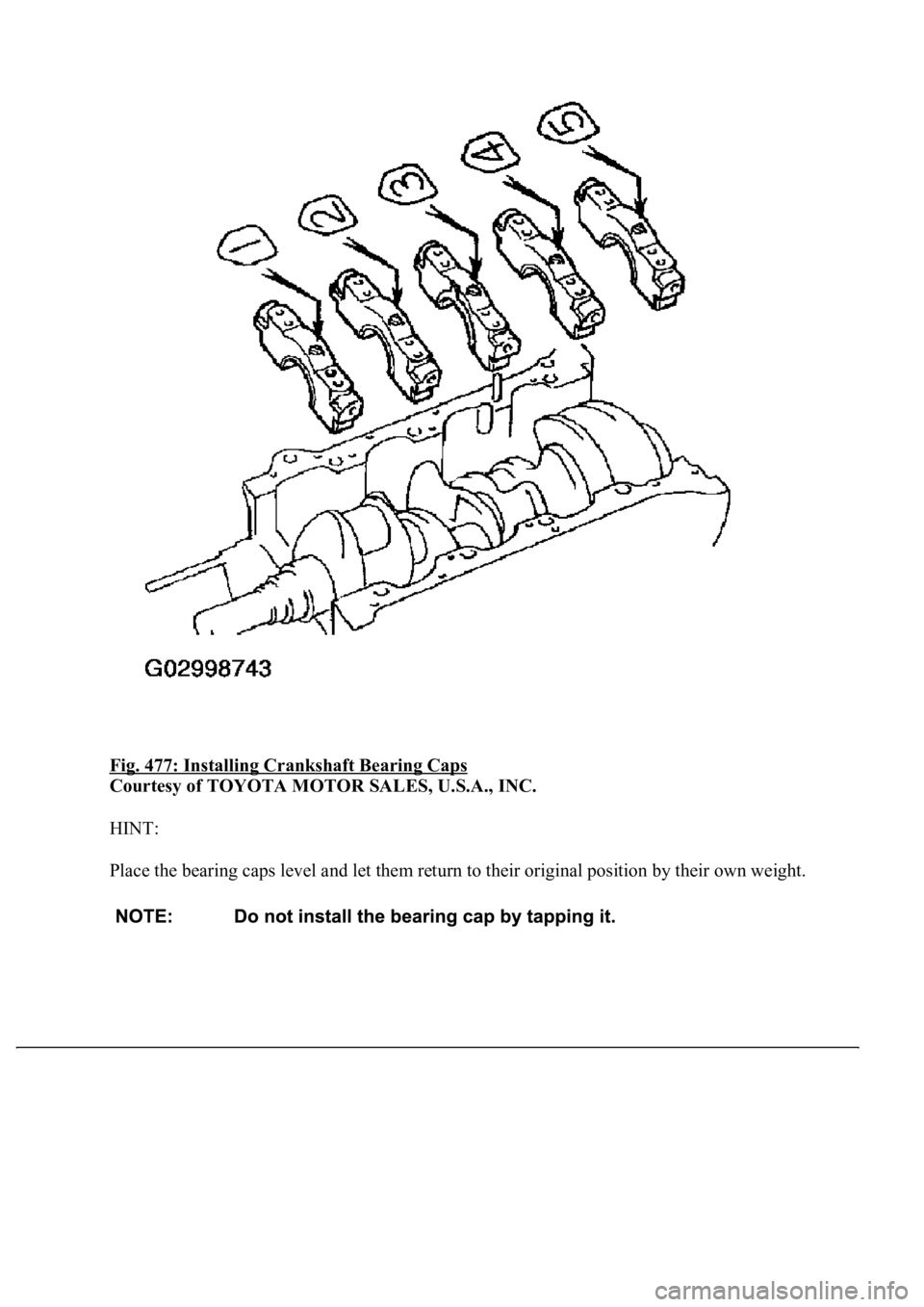 LEXUS LS430 2003  Factory Repair Manual Fig. 477: Installing Crankshaft Bearing Caps 
Courtesy of TOYOTA MOTOR SALES, U.S.A., INC. 
HINT: 
Place the bearing caps level and let them return to their original position by their own weight.  