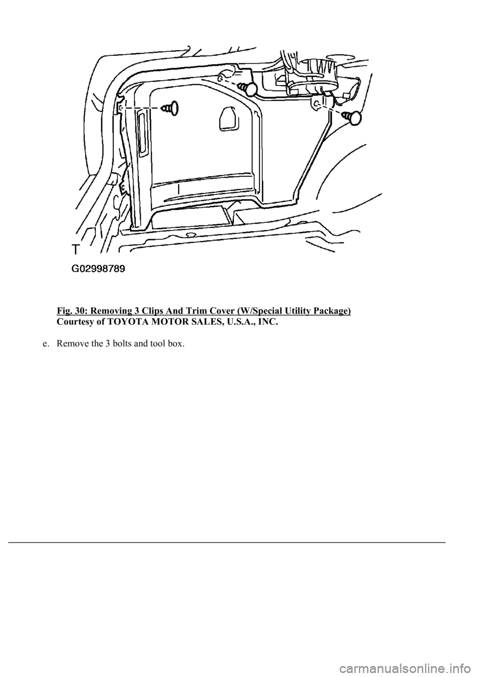LEXUS LS430 2003  Factory Repair Manual Fig. 30: Removing 3 Clips And Trim Cover (W/Special Utility Package) 
Courtesy of TOYOTA MOTOR SALES, U.S.A., INC. 
e. Remove the 3 bolts and tool box.  
