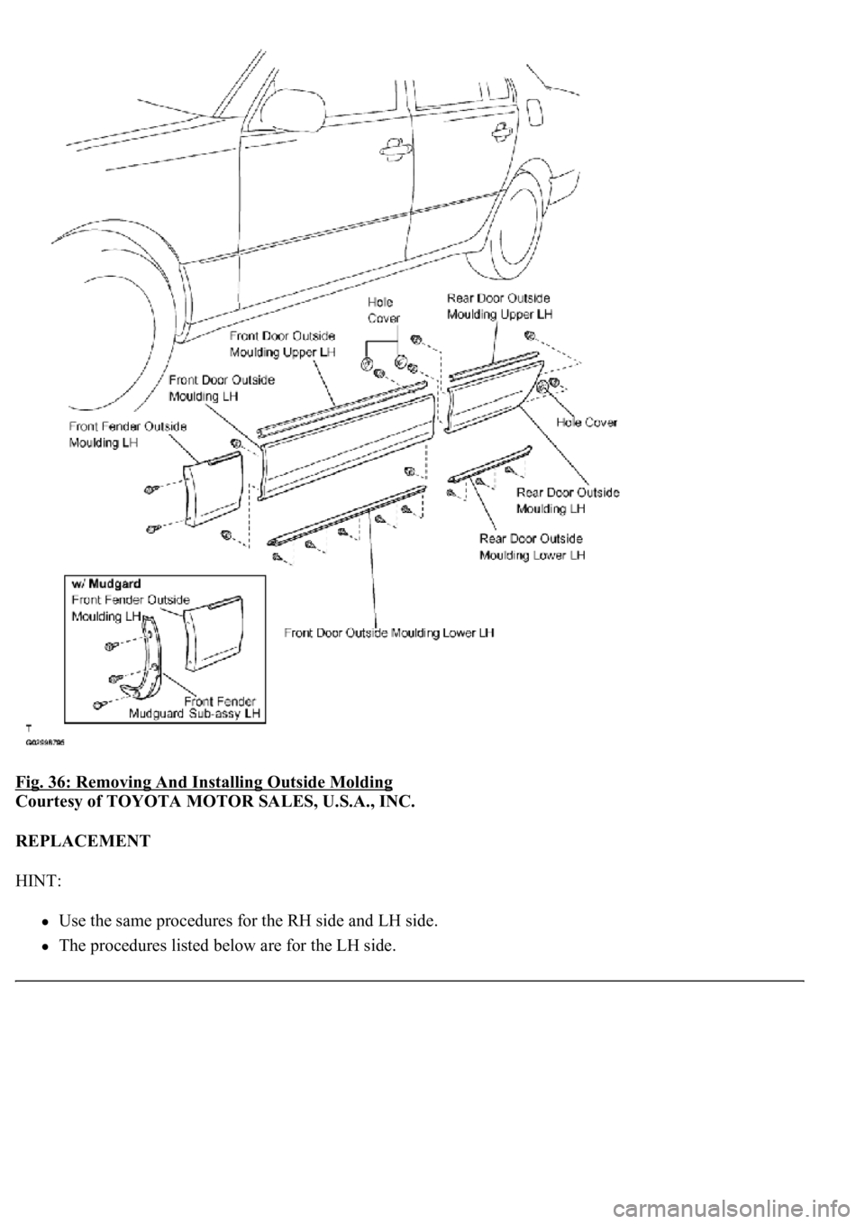 LEXUS LS430 2003  Factory Repair Manual Fig. 36: Removing And Installing Outside Molding 
Courtesy of TOYOTA MOTOR SALES, U.S.A., INC. 
REPLACEMENT 
HINT: 
Use the same procedures for the RH side and LH side.  
The procedures listed below a