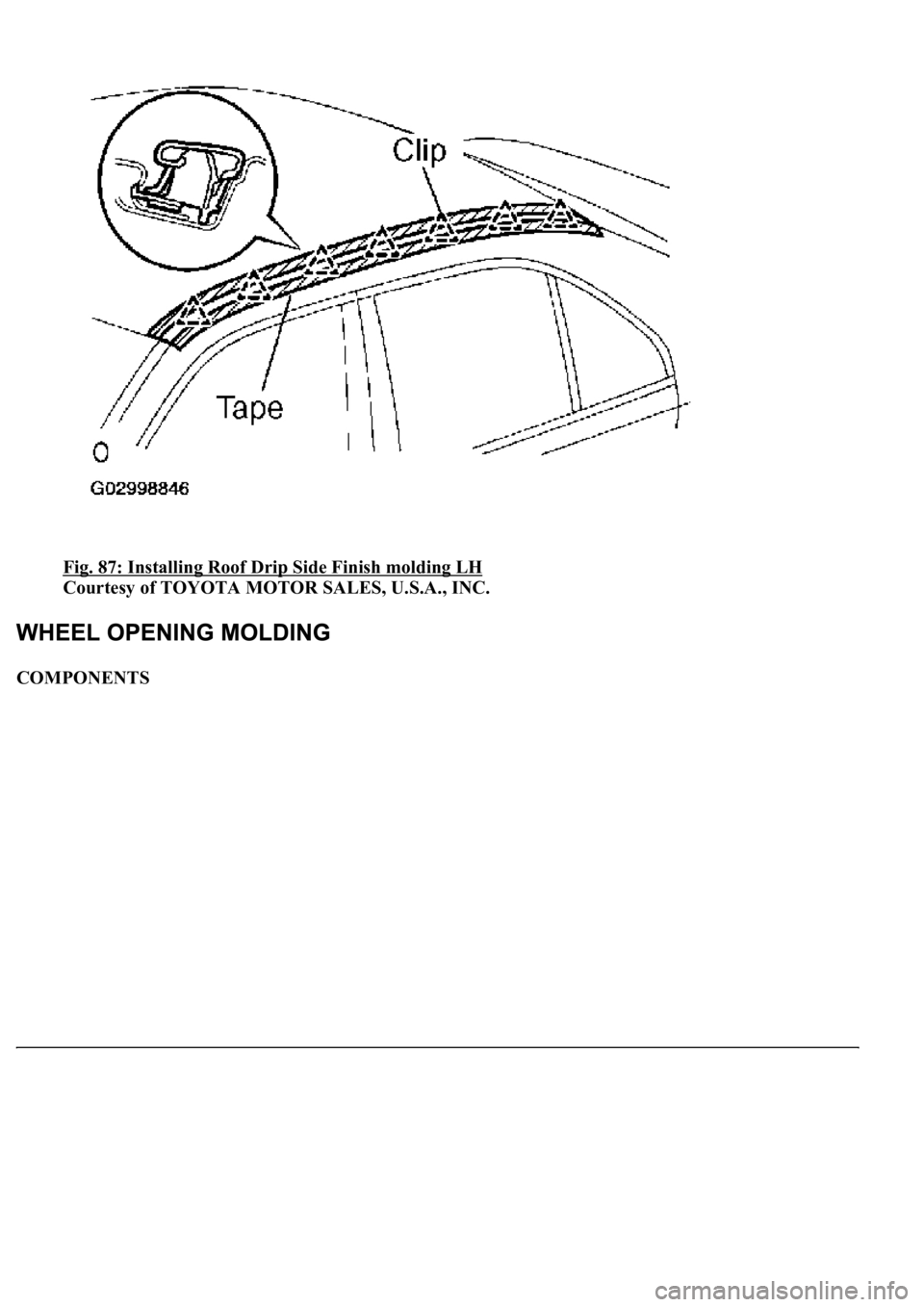 LEXUS LS430 2003  Factory Repair Manual Fig. 87: Installing Roof Drip Side Finish molding LH 
Courtesy of TOYOTA MOTOR SALES, U.S.A., INC. 
COMPONENTS  