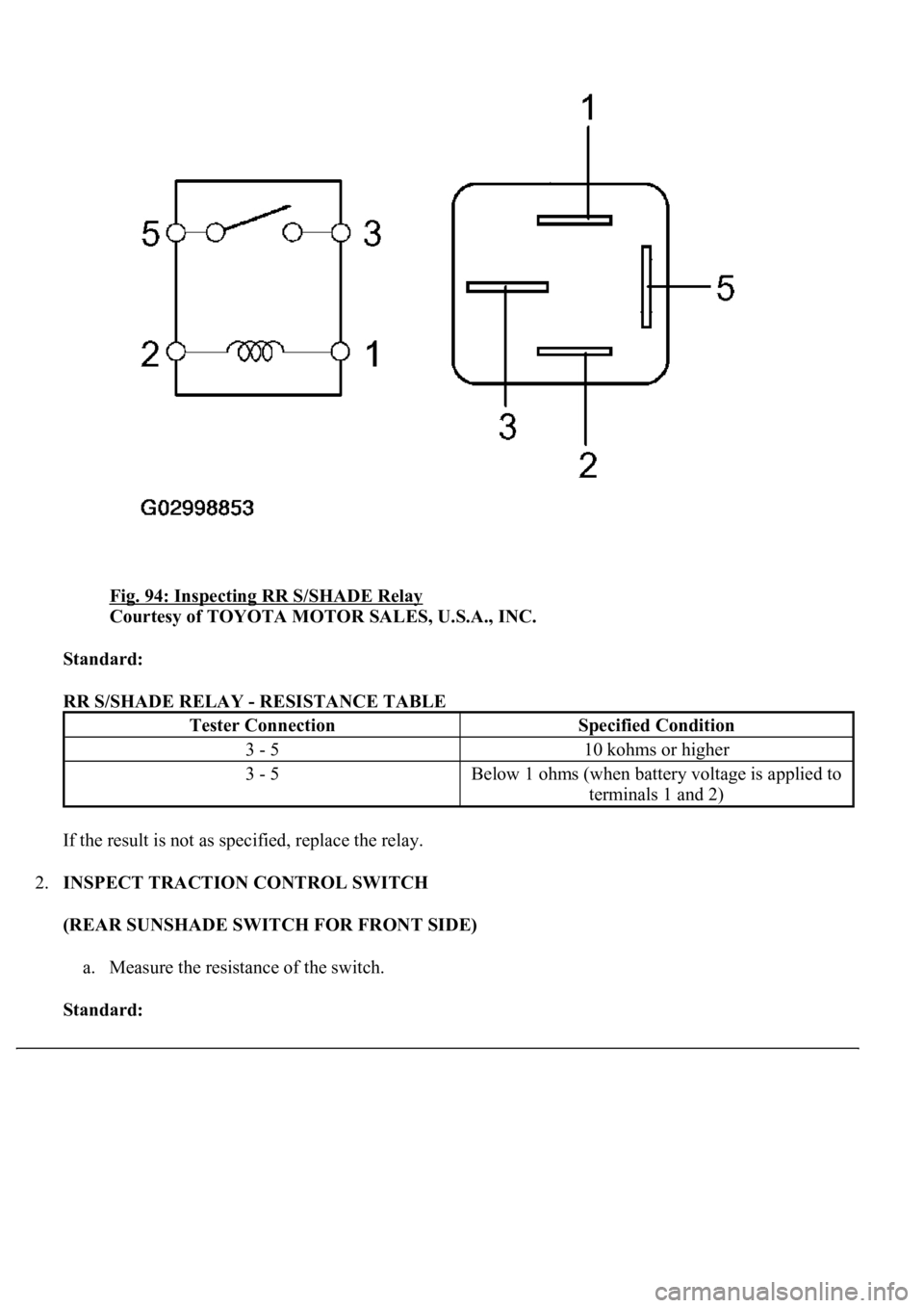 LEXUS LS430 2003  Factory Repair Manual Fig. 94: Inspecting RR S/SHADE Relay 
Courtesy of TOYOTA MOTOR SALES, U.S.A., INC. 
Standard:  
RR S/SHADE RELAY - RESISTANCE TABLE 
If the result is not as specified, replace the relay. 
2.INSPECT TR