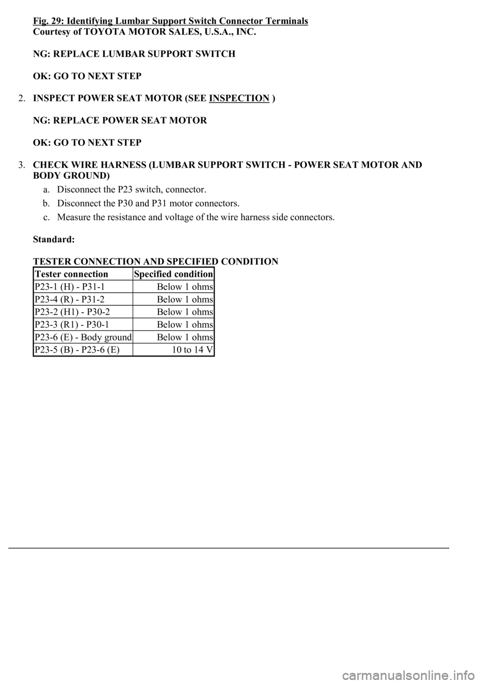 LEXUS LS430 2003  Factory Repair Manual Fig. 29: Identifying Lumbar Support Switch Connector Terminals
Courtesy of TOYOTA MOTOR SALES, U.S.A., INC. 
NG: REPLACE LUMBAR SUPPORT SWITCH  
OK: GO TO NEXT STEP  
2.INSPECT POWER SEAT MOTOR (SEE I