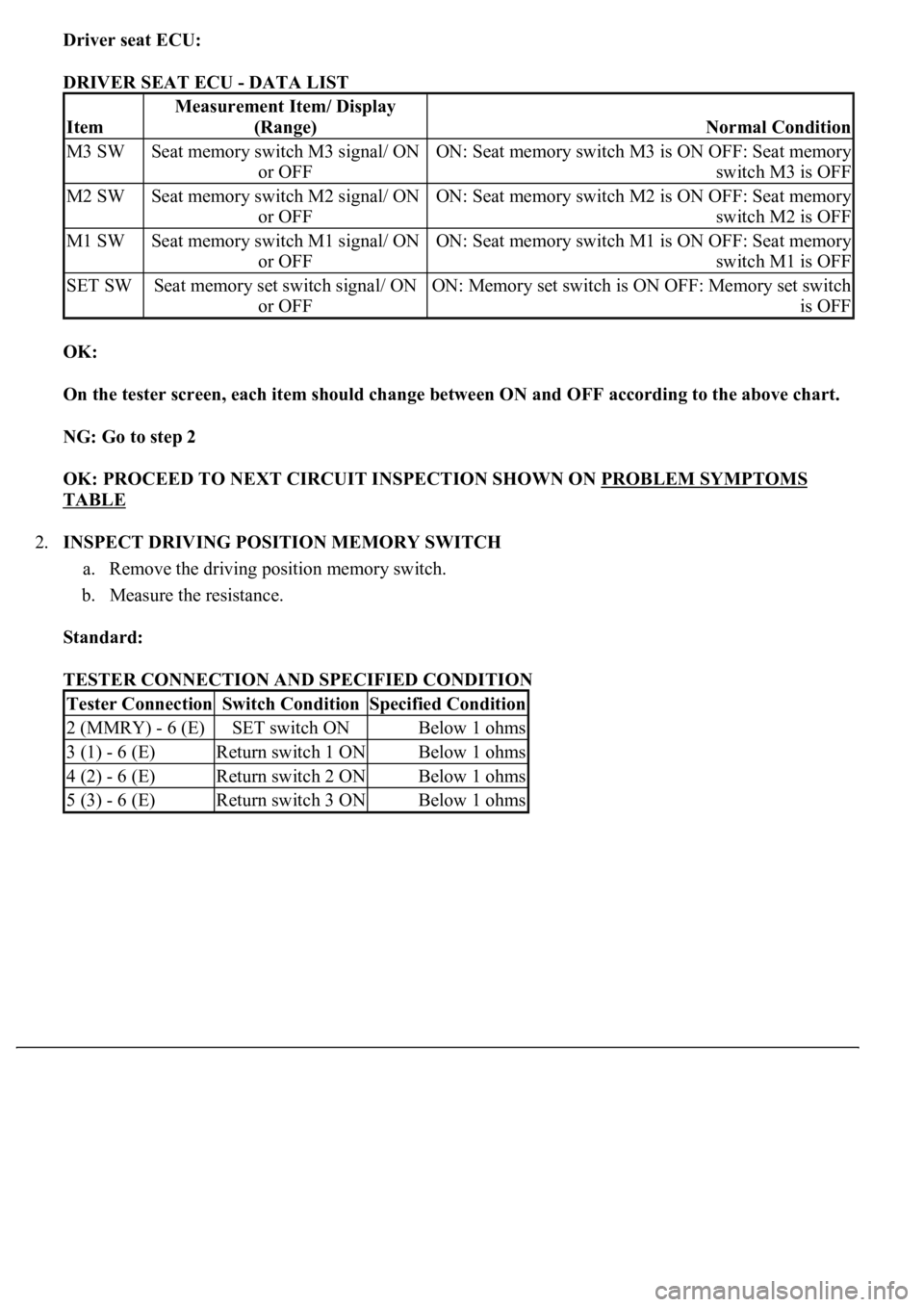 LEXUS LS430 2003  Factory Repair Manual Driver seat ECU:  
DRIVER SEAT ECU - DATA LIST 
OK:  
On the tester screen, each item should change between ON and OFF according to the above chart.  
NG: Go to step 2  
OK: PROCEED TO NEXT CIRCUIT IN