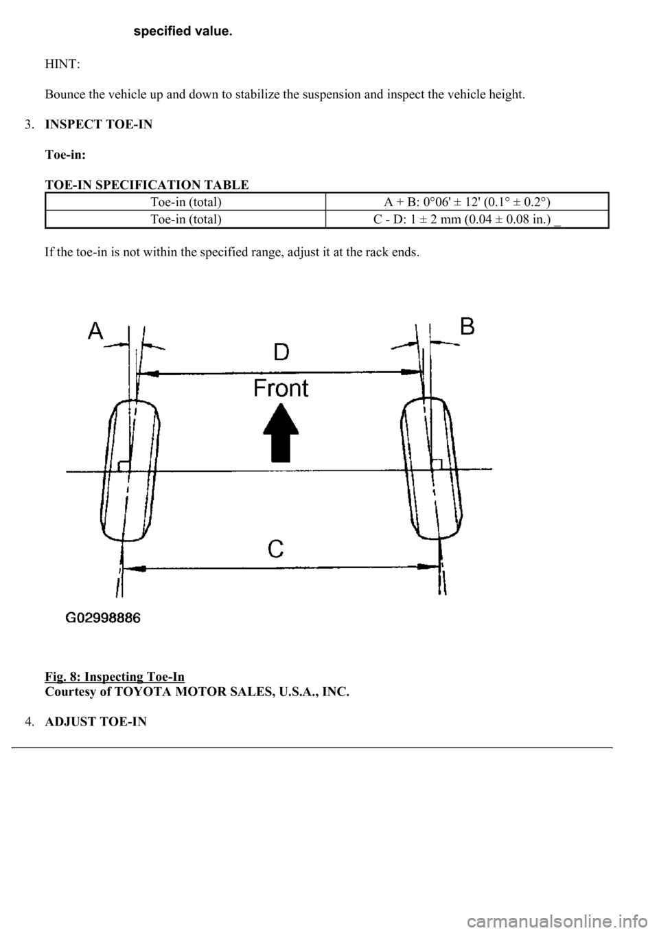 LEXUS LS430 2003  Factory Repair Manual HINT: 
Bounce the vehicle up and down to stabilize the suspension and inspect the vehicle height. 
3.INSPECT TOE-IN 
Toe-in:  
TOE-IN SPECIFICATION TABLE 
If the toe-in is not within the specified ran