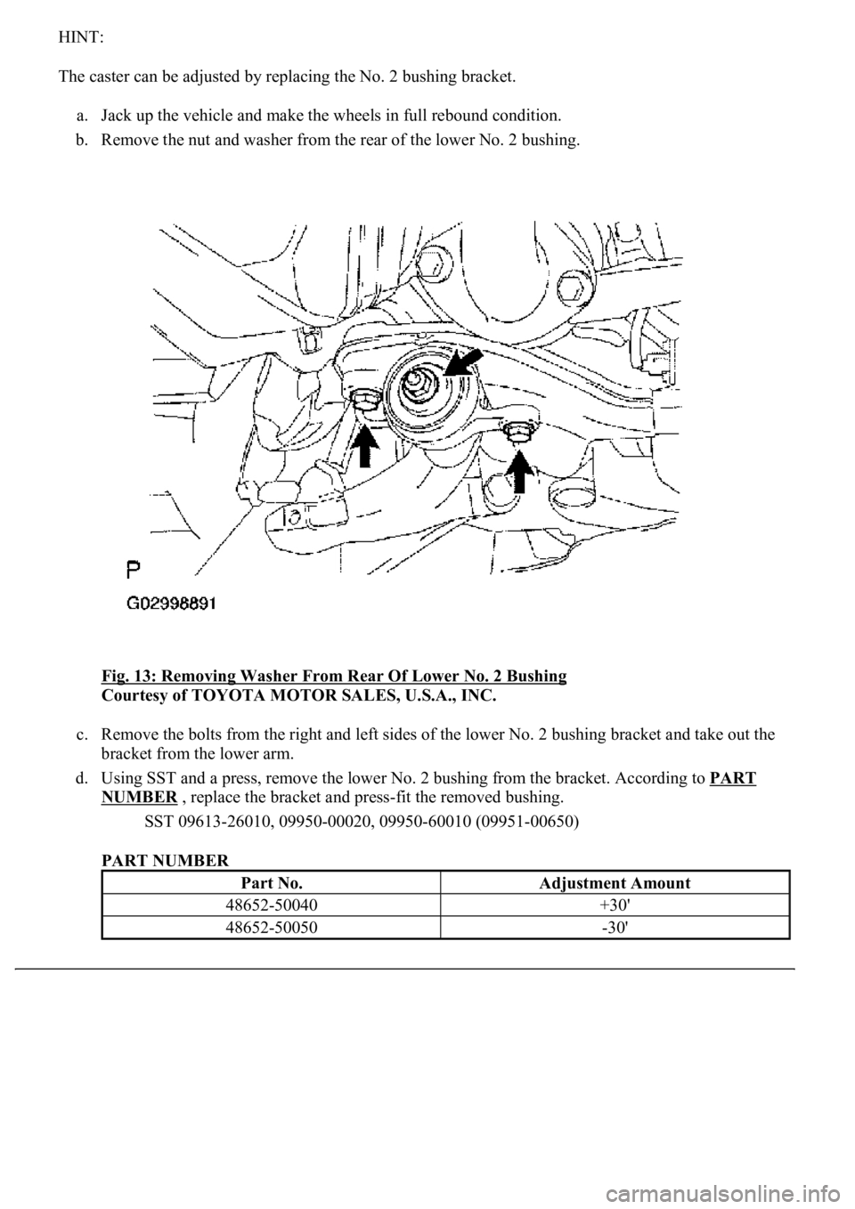 LEXUS LS430 2003 Factory Repair Manual HINT:
The caster can be adjusted by replacing the No. 2 bushing bracket.
a. Jack up the vehicle and make the wheels in full rebound condition.
b. Remove the nut and washer from the rear of the low LEXUS LS430 2003 Factory Repair Manual HINT:
The caster can be adjusted by replacing the No. 2 bushing bracket.
a. Jack up the vehicle and make the wheels in full rebound condition.
b. Remove the nut and washer from the rear of the low