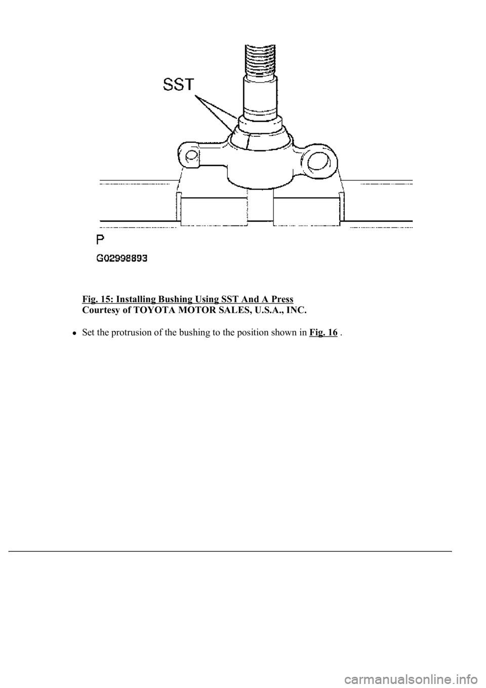 LEXUS LS430 2003  Factory Repair Manual Fig. 15: Installing Bushing Using SST And A Press 
Courtesy of TOYOTA MOTOR SALES, U.S.A., INC. 
Set the protrusion of the bushing to the position shown in Fig. 16 .   