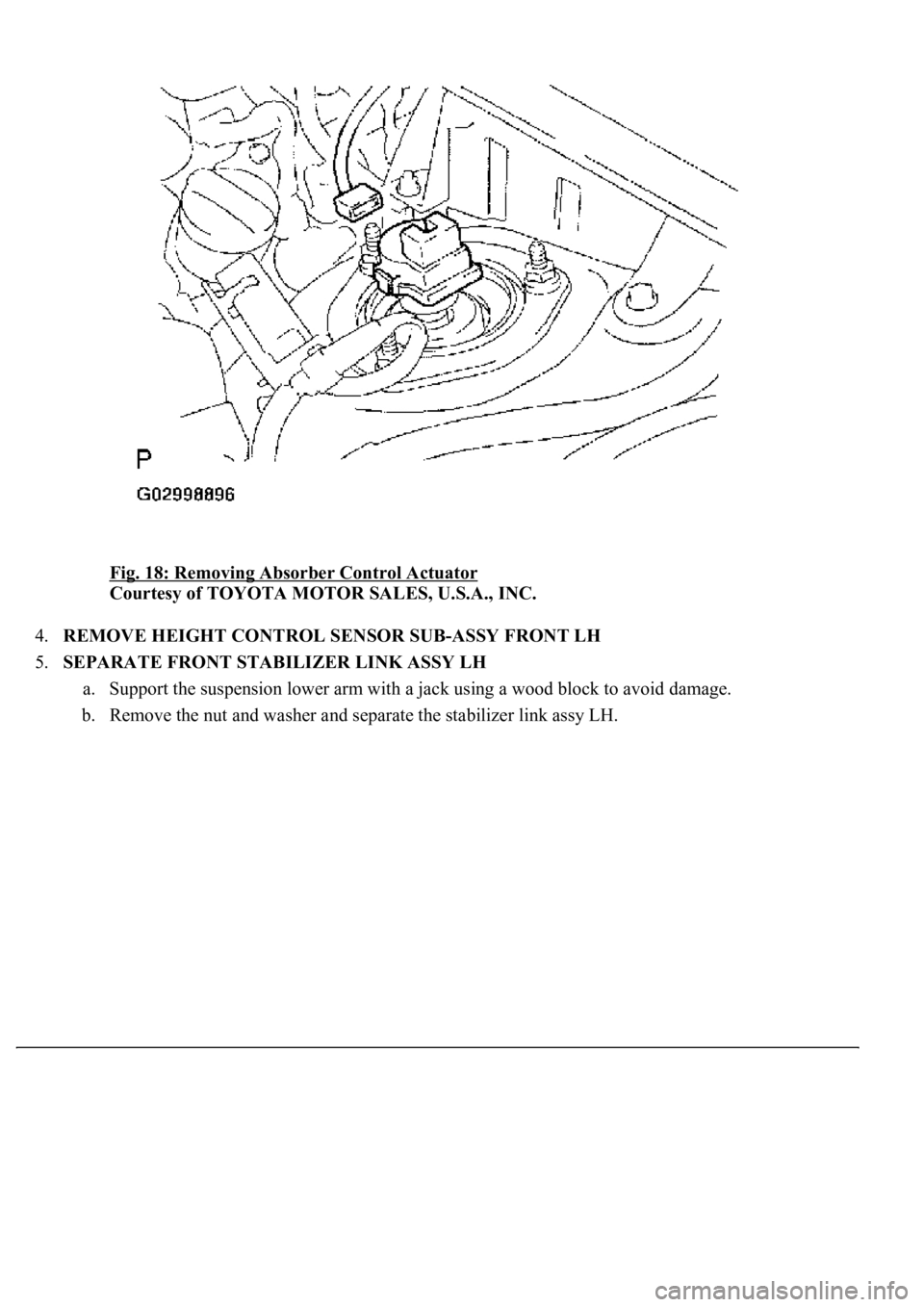LEXUS LS430 2003  Factory Repair Manual Fig. 18: Removing Absorber Control Actuator 
Courtesy of TOYOTA MOTOR SALES, U.S.A., INC. 
4.REMOVE HEIGHT CONTROL SENSOR SUB-ASSY FRONT LH  
5.SEPARATE FRONT STABILIZER LINK ASSY LH 
a. Support the s