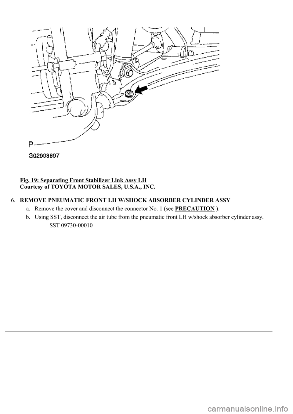LEXUS LS430 2003  Factory Repair Manual Fig. 19: Separating Front Stabilizer Link Assy LH 
Courtesy of TOYOTA MOTOR SALES, U.S.A., INC. 
6.REMOVE PNEUMATIC FRONT LH W/SHOCK ABSORBER CYLINDER ASSY 
a. Remove the cover and disconnect the conn