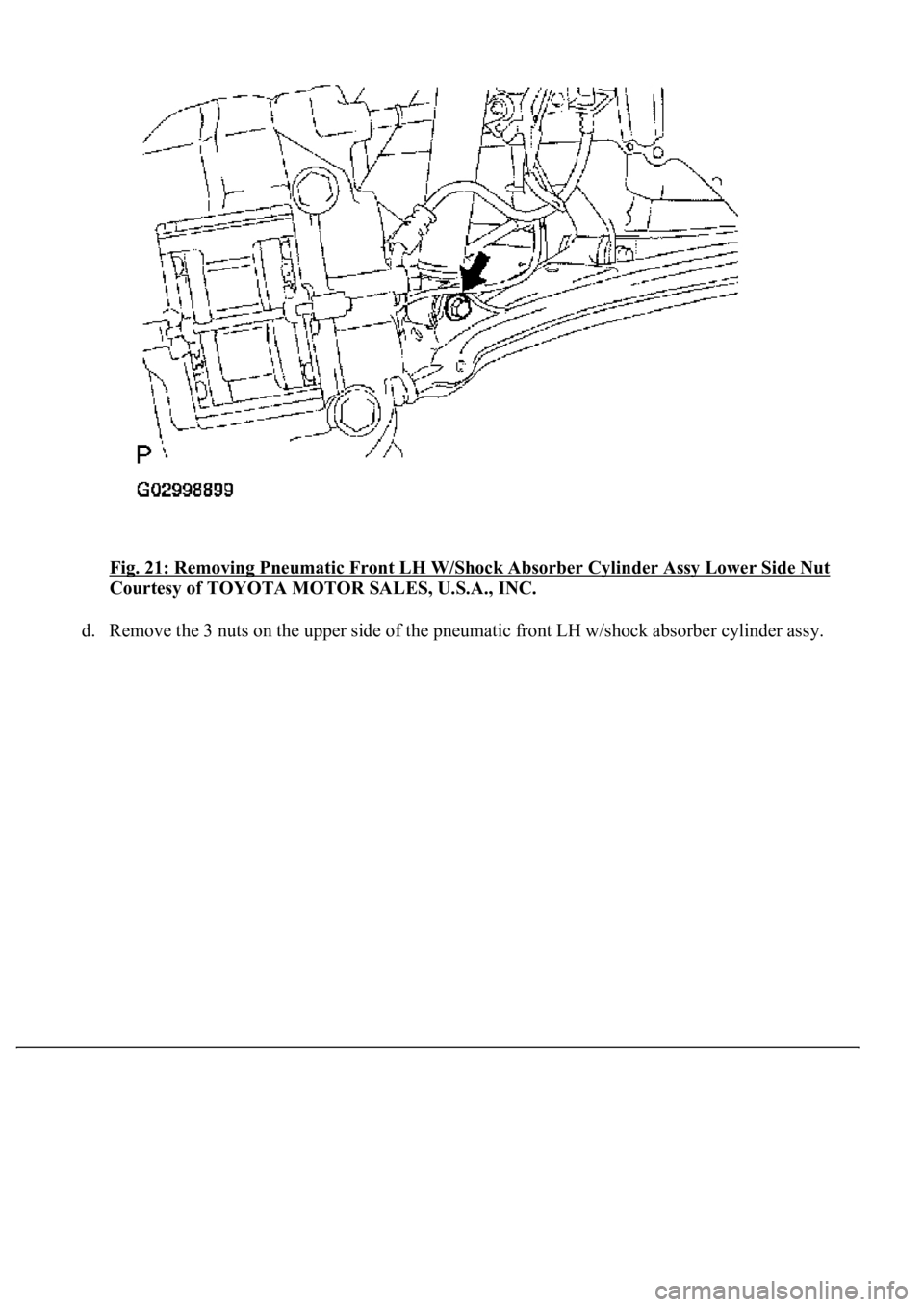 LEXUS LS430 2003  Factory Repair Manual Fig. 21: Removing Pneumatic Front LH W/Shock Absorber Cylinder Assy Lower Side Nut 
Courtesy of TOYOTA MOTOR SALES, U.S.A., INC. 
d. Remove the 3 nuts on the upper side of the pneumatic front LH w/sho