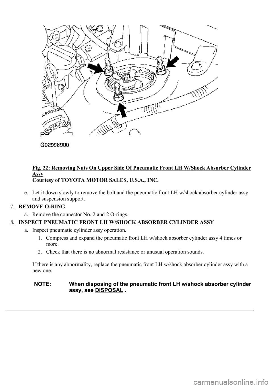 LEXUS LS430 2003  Factory Repair Manual Fig. 22: Removing Nuts On Upper Side Of Pneumatic Front LH W/Shock Absorber Cylinder 
Assy 
Courtesy of TOYOTA MOTOR SALES, U.S.A., INC. 
e. Let it down slowly to remove the bolt and the pneumatic fro