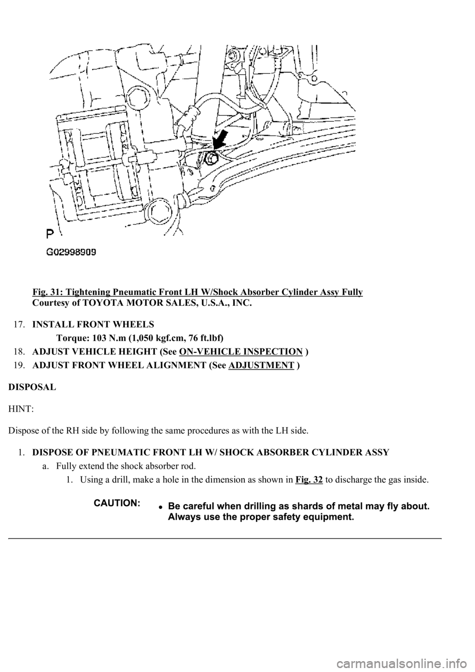 LEXUS LS430 2003  Factory Repair Manual Fig. 31: Tightening Pneumatic Front LH W/Shock Absorber Cylinder Assy Fully 
Courtesy of TOYOTA MOTOR SALES, U.S.A., INC. 
17.INSTALL FRONT WHEELS 
Torque: 103 N.m (1,050 kgf.cm, 76 ft.lbf)  
18.ADJUS