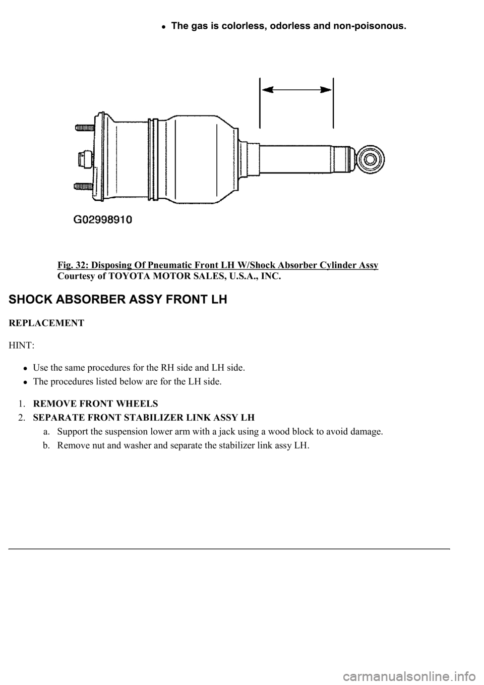 LEXUS LS430 2003  Factory Repair Manual Fig. 32: Disposing Of Pneumatic Front LH W/Shock Absorber Cylinder Assy 
Courtesy of TOYOTA MOTOR SALES, U.S.A., INC. 
REPLACEMENT 
HINT: 
Use the same procedures for the RH side and LH side.  
The pr