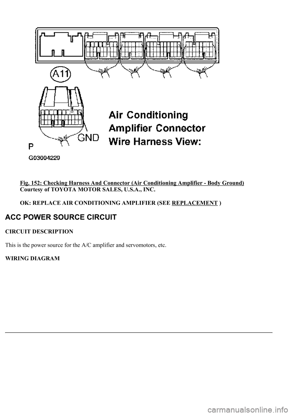 LEXUS LS430 2003  Factory Repair Manual Fig. 152: Checking Harness And Connector (Air Conditioning Amplifier - Body Ground) 
Courtesy of TOYOTA MOTOR SALES, U.S.A., INC. 
OK: REPLACE AIR CONDITIONING AMPLIFIER (SEE REPLACEMENT
 )  
CIRCUIT 