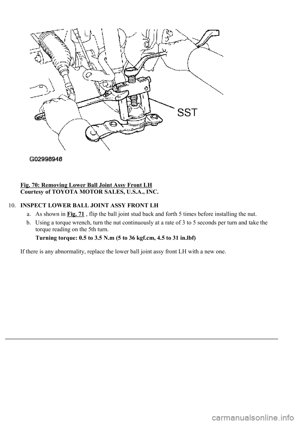 LEXUS LS430 2003  Factory Repair Manual Fig. 70: Removing Lower Ball Joint Assy Front LH 
Courtesy of TOYOTA MOTOR SALES, U.S.A., INC. 
10.INSPECT LOWER BALL JOINT ASSY FRONT LH 
a. As shown in Fig. 71
 , flip the ball joint stud back and f